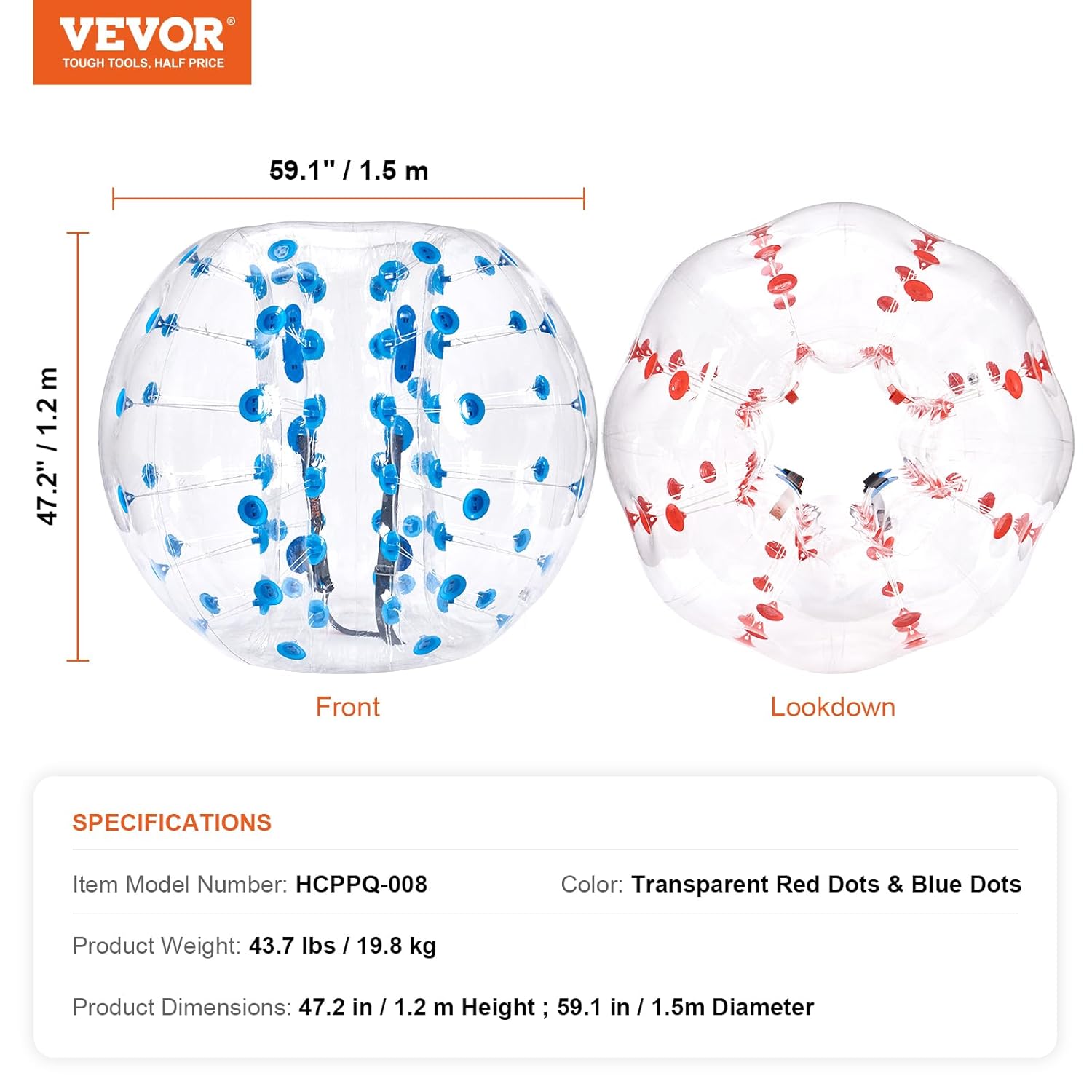 VEVOR 2 bolas de para-choques insufláveis de 1,5 m x 1,2 m, bola de recuperação insuflável com corpo de PVC para atividades ao ar livre, bola de para-choques insuflável de pontos vermelho e azul
