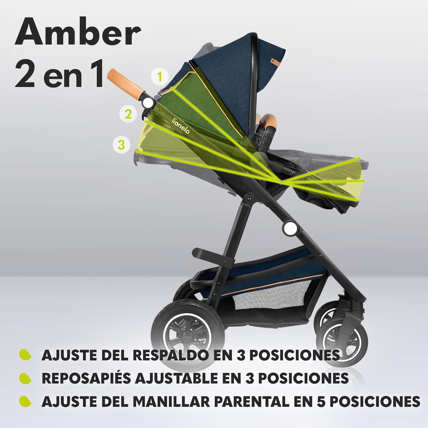 LIONELO Amber Carro de bebé multifuncional 2 em 1 conjunto carrinho de passeio com assento de cubo e tampa guiador ajustável bolsa mosquiteira protetor de chuva