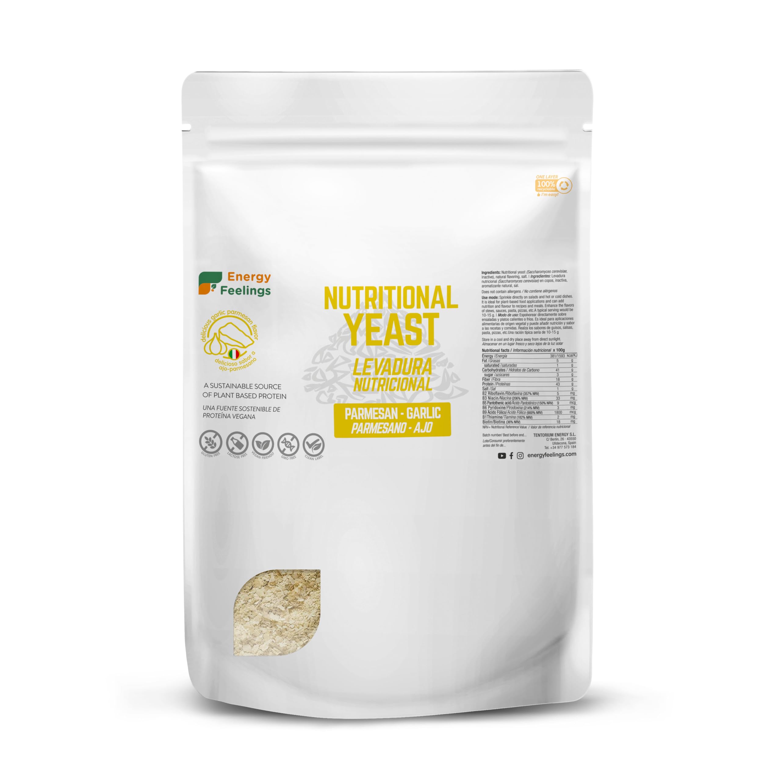Energy Feelings Levedura nutricional B12, 1 kg, levedura nutritiva em flocos rica em vitamina B e proteínas, 51%, natural Yeast sem glúten, sem açúcar, ideal para queijo vegano