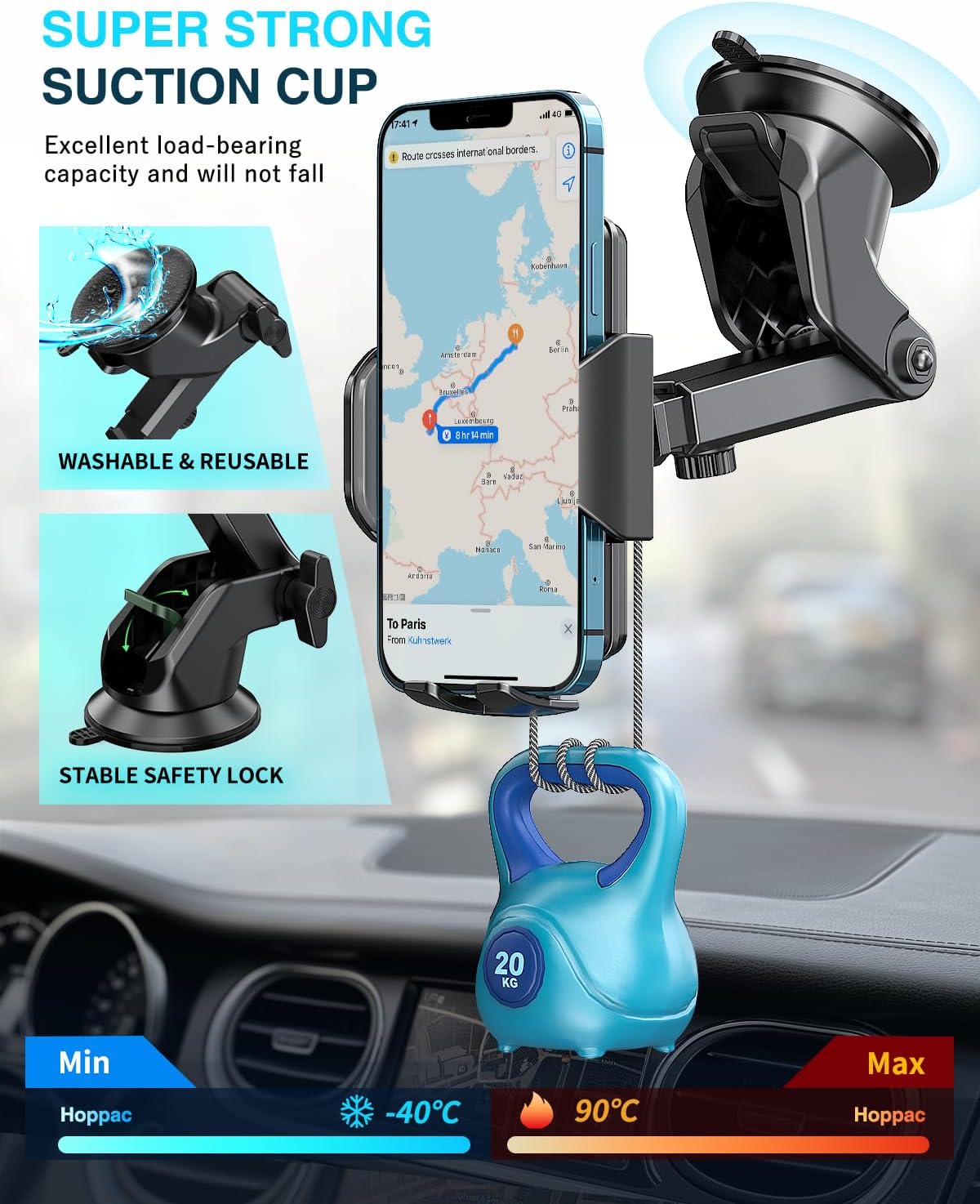 Hoppac Suporte móvel para carro, suporte telemóvel para carro e para-brisas, rotação de 360 graus e libertação de um botão, suporte de telemóvel para telemóvel para telemóvel 4-7 polegadas