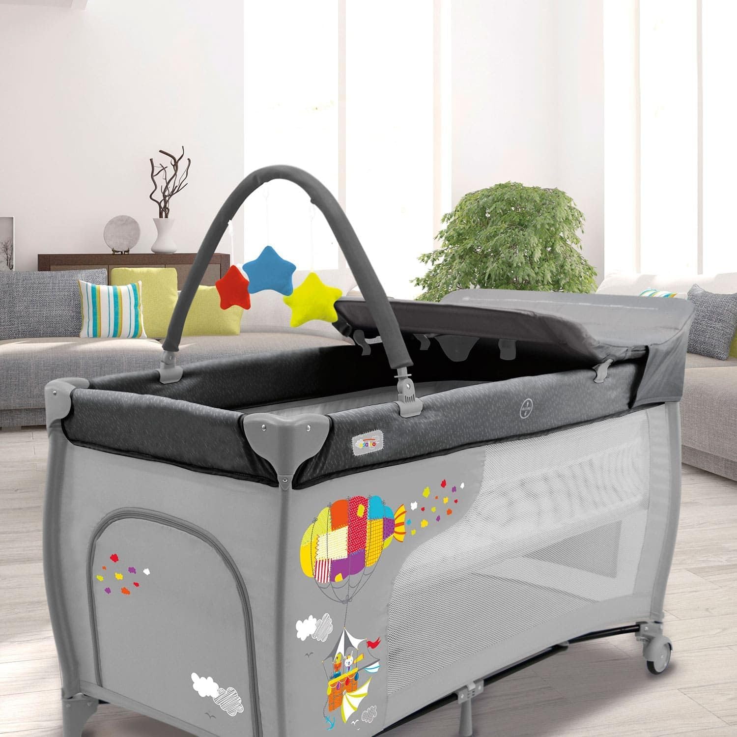 Asalvo Berço de viagem 4 em 1 para bebé com altura dupla, arco de jogos, dobrável compacto, base acolchoada e bolsa de transporte Mix Plus Zeppelin cinzento