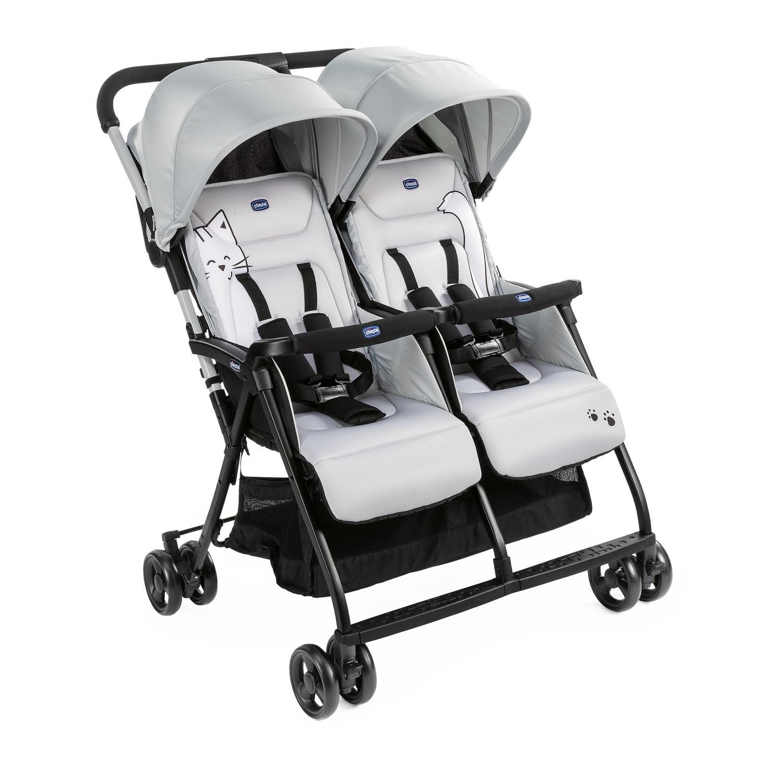 Chicco OHlalà Twin Cadeira de passeio gémeas de 0 meses a 15 kg, para botões de punho e irmãos, carrinho duplo reclinável e dobrável, leve, dobrável compacto, cobertura de chuva - cor preta