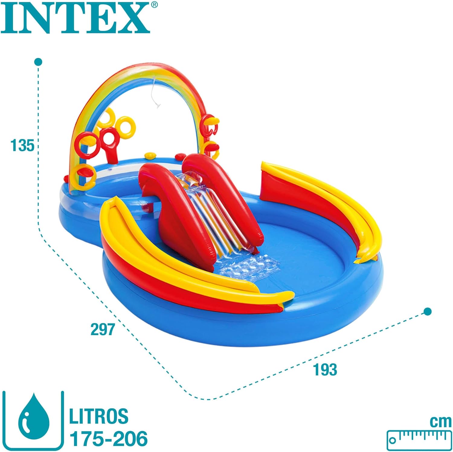 Intex 57453NP — Piscina insuflável com atividades arco-íris 297 x 193 x 135 cm, 206 e 175 litros