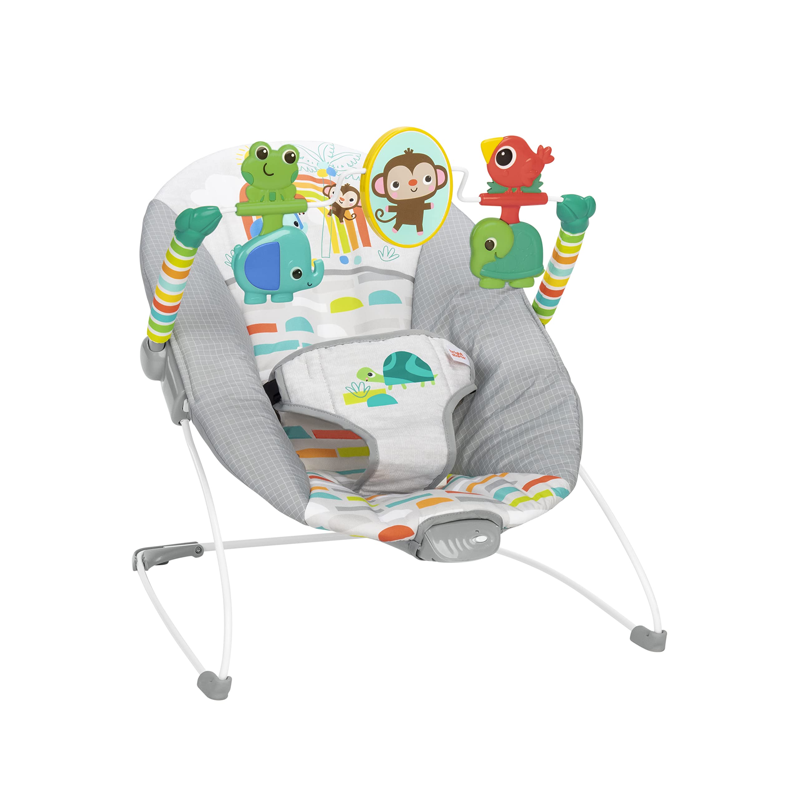 Bright Starts - Vibrador de assento infantil - barra de brinquedos removível, pés antiderrapantes, 0-6 meses a 9 kg (Safari Fun)