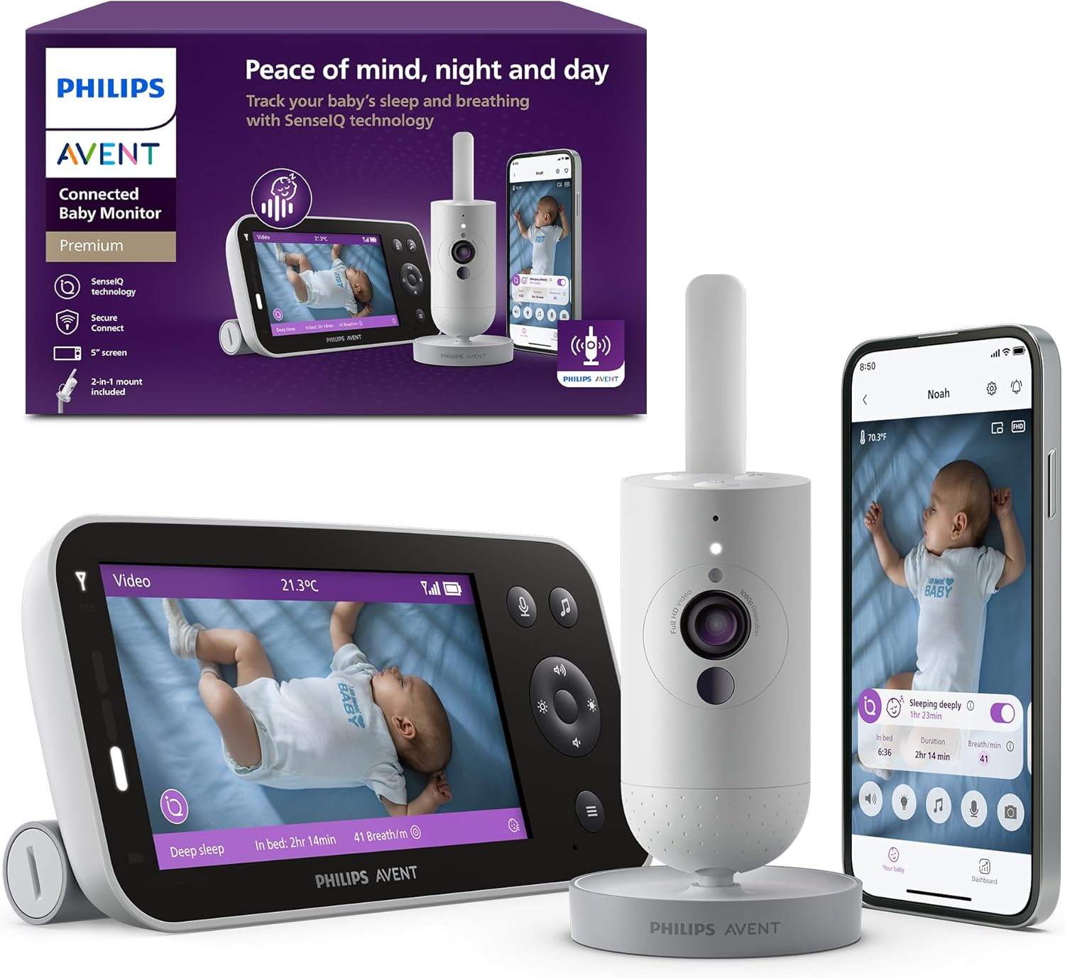 Philips Avent monitor de bebé conectado premium, o monitor mais avançado da Avent até à data, monitorização do sono e respiração por IA, tradução do choro, SCD973/26