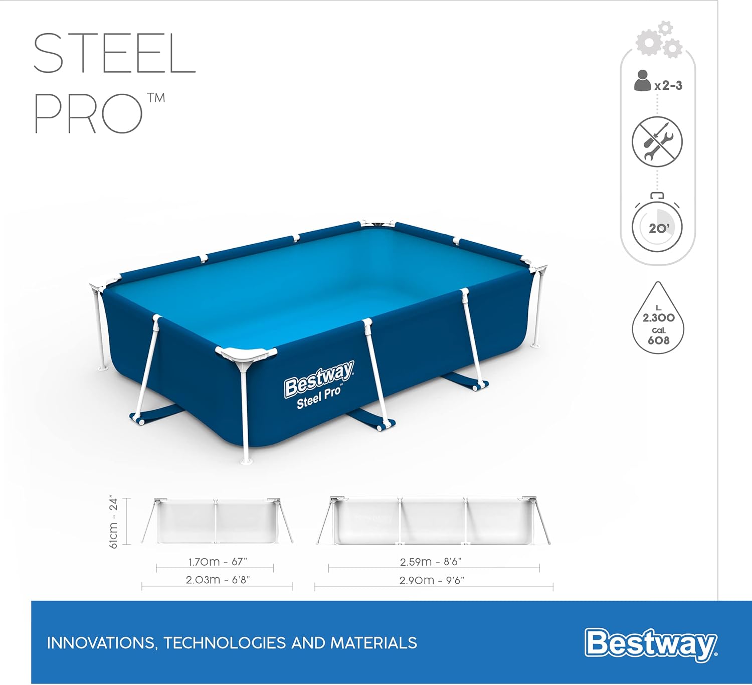 BESTWAY Piscina removível tubular infantil Steel Pro 259 x 170 x 61 cm azul