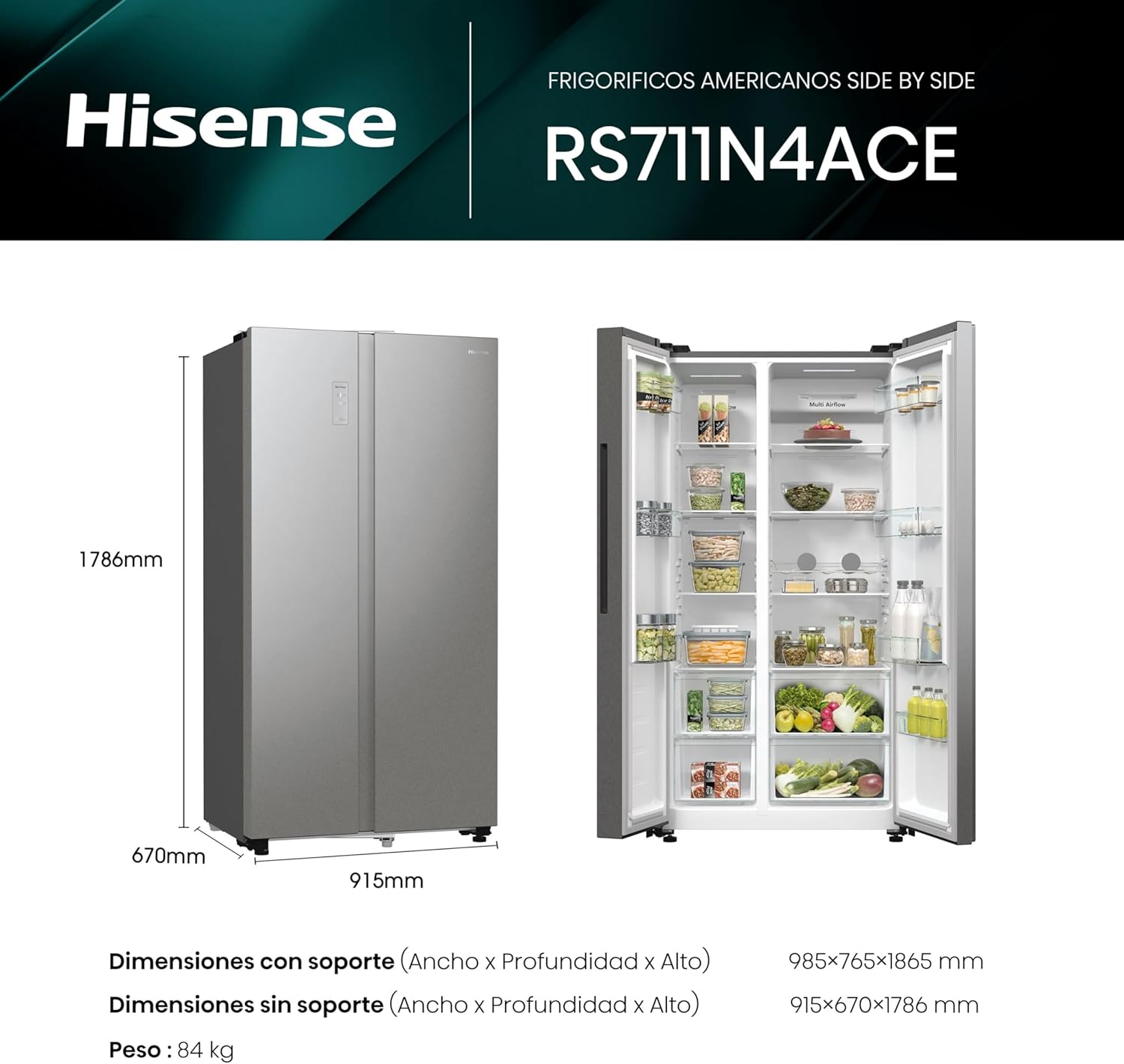 Hisense RS711N4ACE Frigorífico Side by Side, capacidade 547 l com 178,6 cm de altura, sem rost, super frio, alarme de porta aberta, modo de férias, Freezer Convert, baixo nível de ruído, classe E,