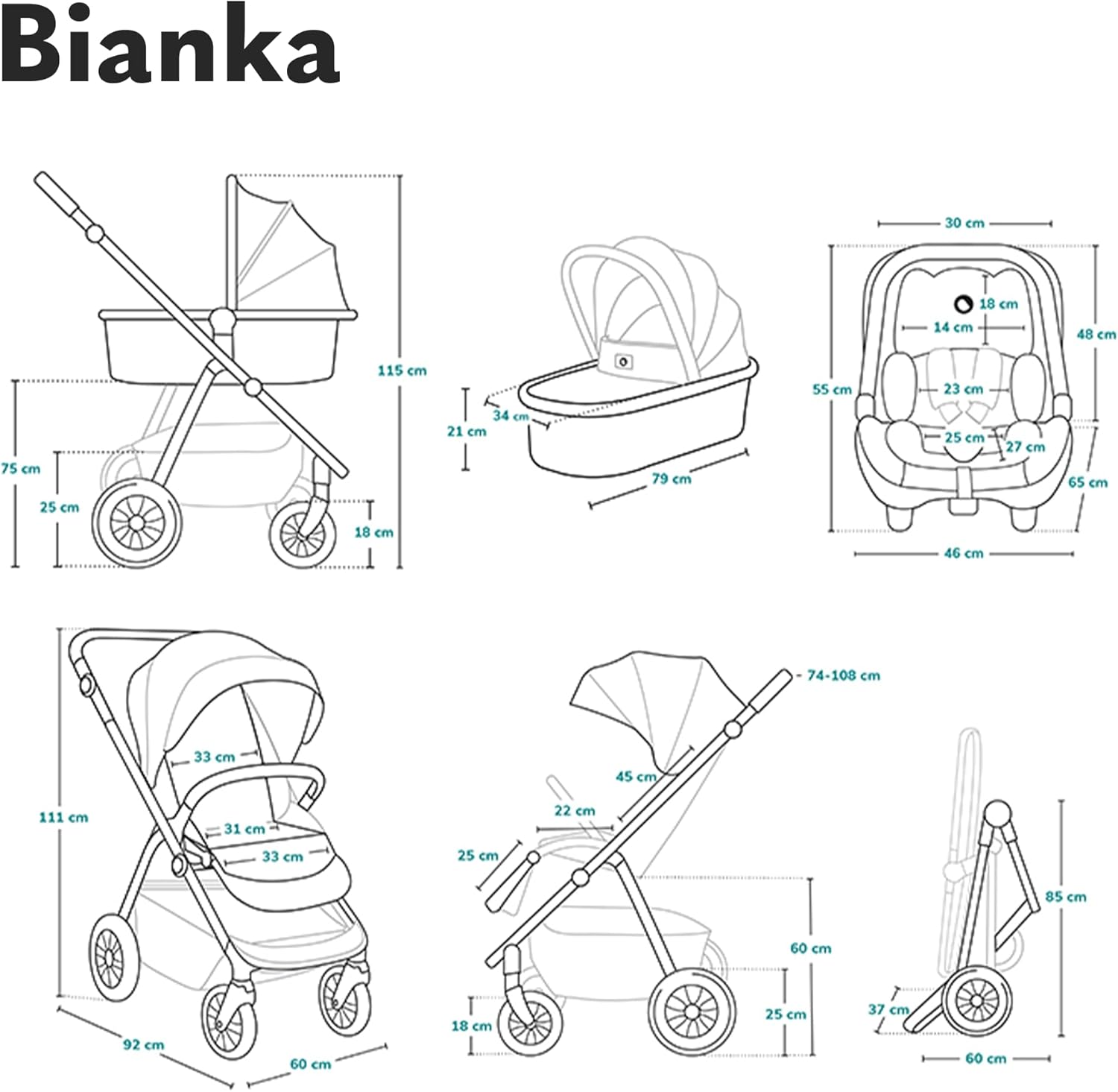 LIONELO BIANKA Carrinho de bebé 3 em 1 (22 kg) porta-bebés (9 kg) cadeira de carro (13 kg), dobrável, sistema de viagem encosto ajustável rodas 360o amortecimento, capô XXL, carrinho de bebé (bege)