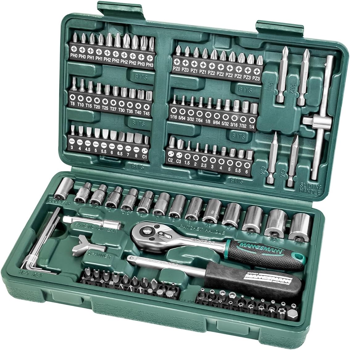 Mannesmann M29166 - Maletín con juego de llaves de vaso y puntas de destornillador (130 piezas)