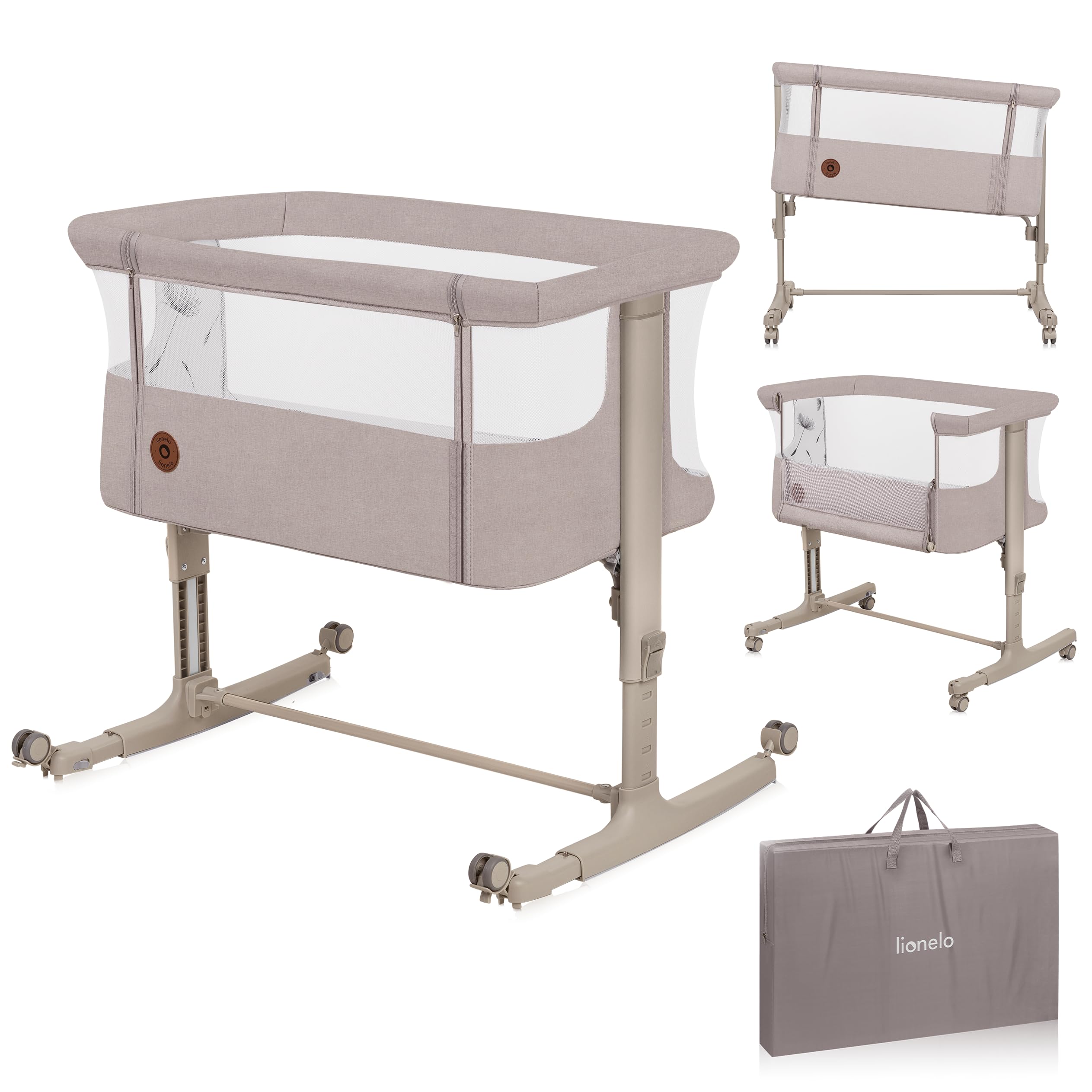 lionelo Aurora Berço de colecho 3 em 1 até 9 kg, berço de balanço, ajuste de altura e inclinação do colchão, 4 rodas com travão, colchão ergonómico, bolsa