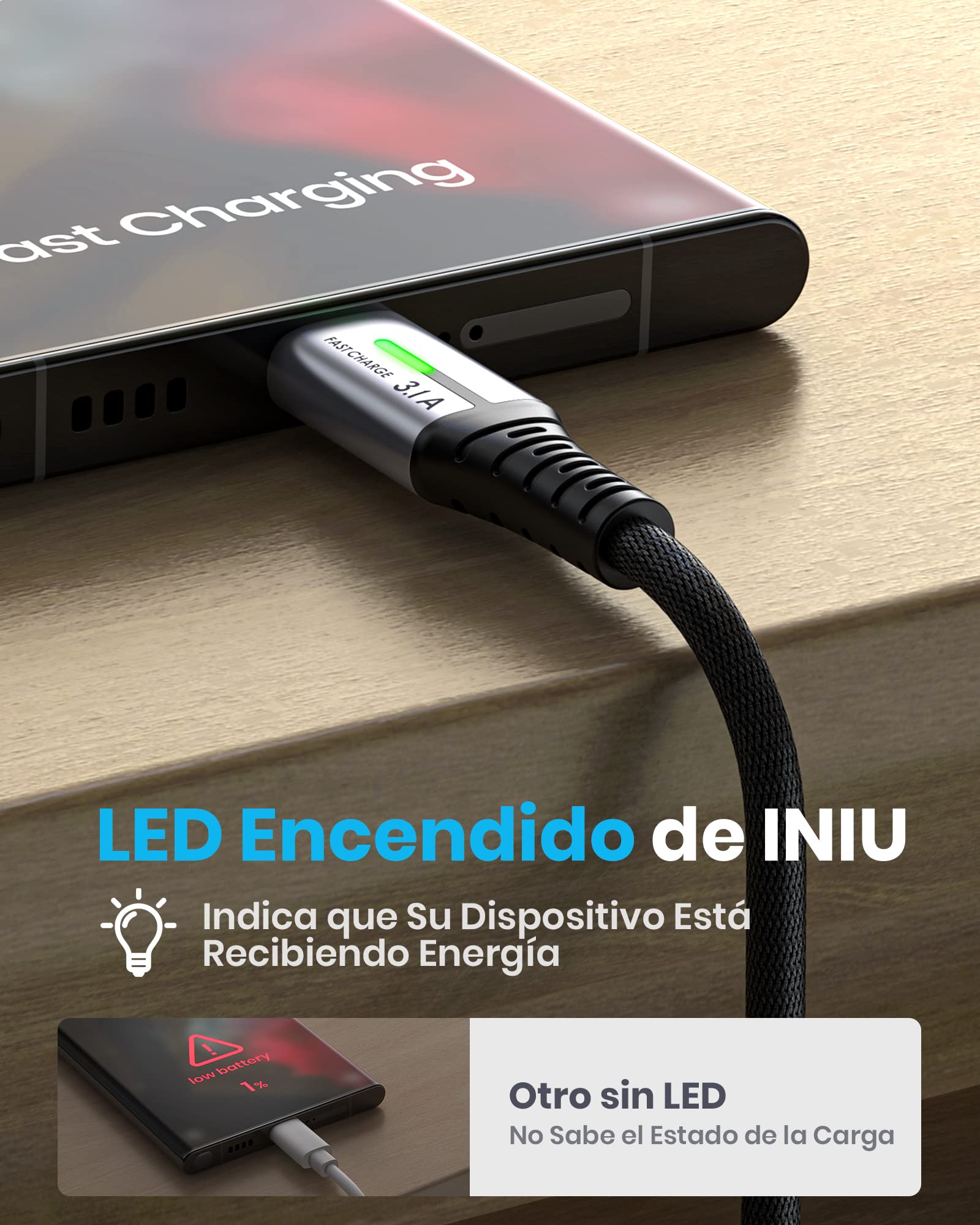 Cabo USB A USB C INIU, [2 m] QC 3,0 e 3,1 A Cabo USB C Carregamento rápido, liga trançada de nylon Cabo USB tipo C Carregador compatível com iPhone 16 15 Pro Samsung S21 Huawei Xiaomi Pixel ECC.