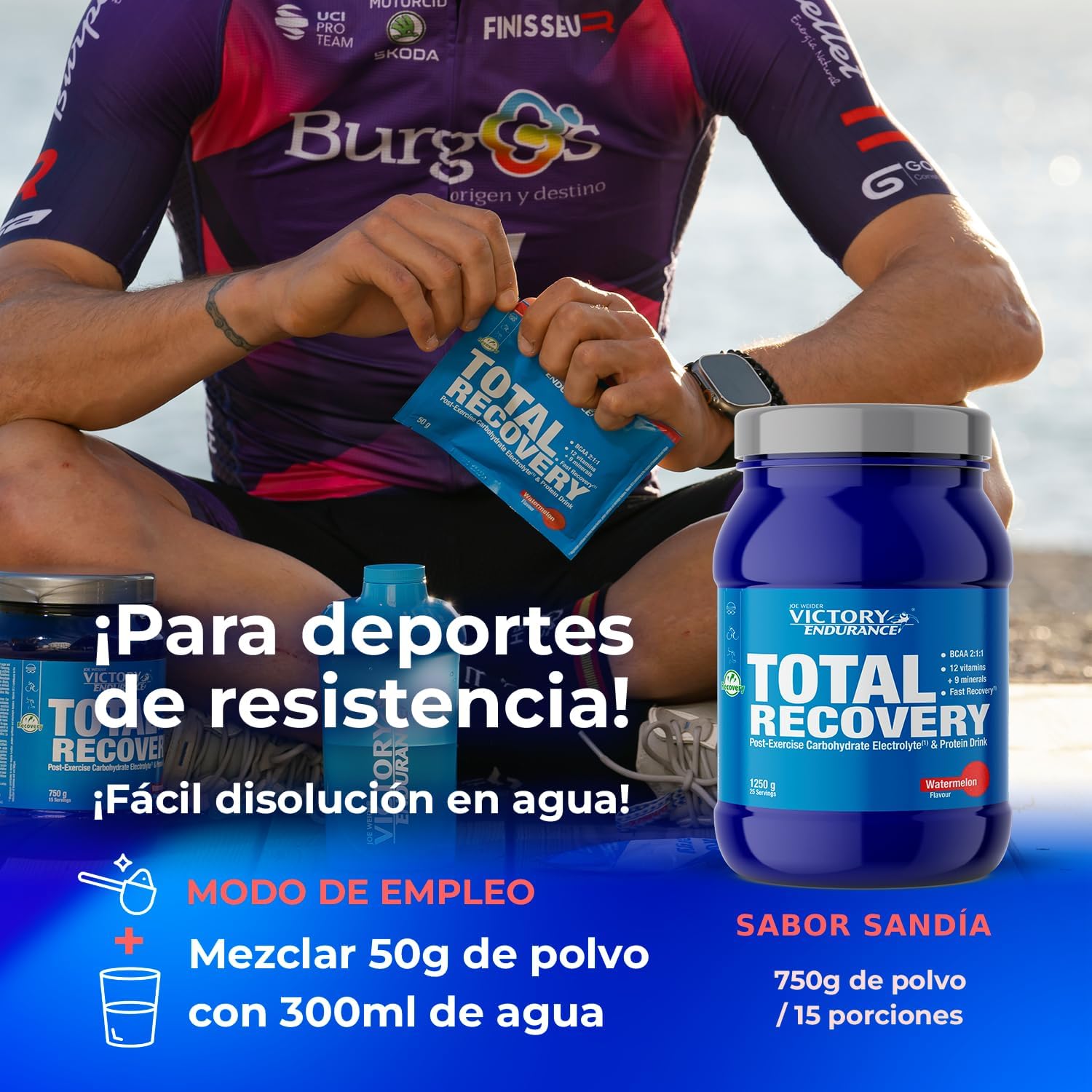 Victory Endurance Total Recovery (1250 g) sabor melancia, preparado para beber pós-treino de hidratos e proteínas, com BCAA 2:1:1, 12 vitaminas e 9 minerais, recuperação rápida