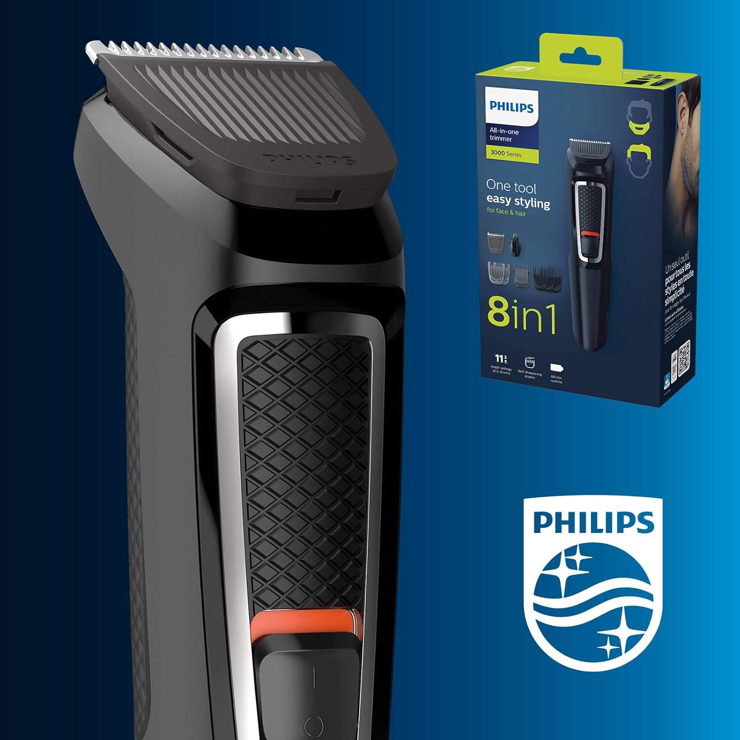 Serie 3000 de Philips, recortador todo en uno Multigroom, 7 en 1, una sola herramienta, moldeado sencillo para rostro y pelo, 11 posiciones de longitud (0,5-16 mm), modelo MG3730/15