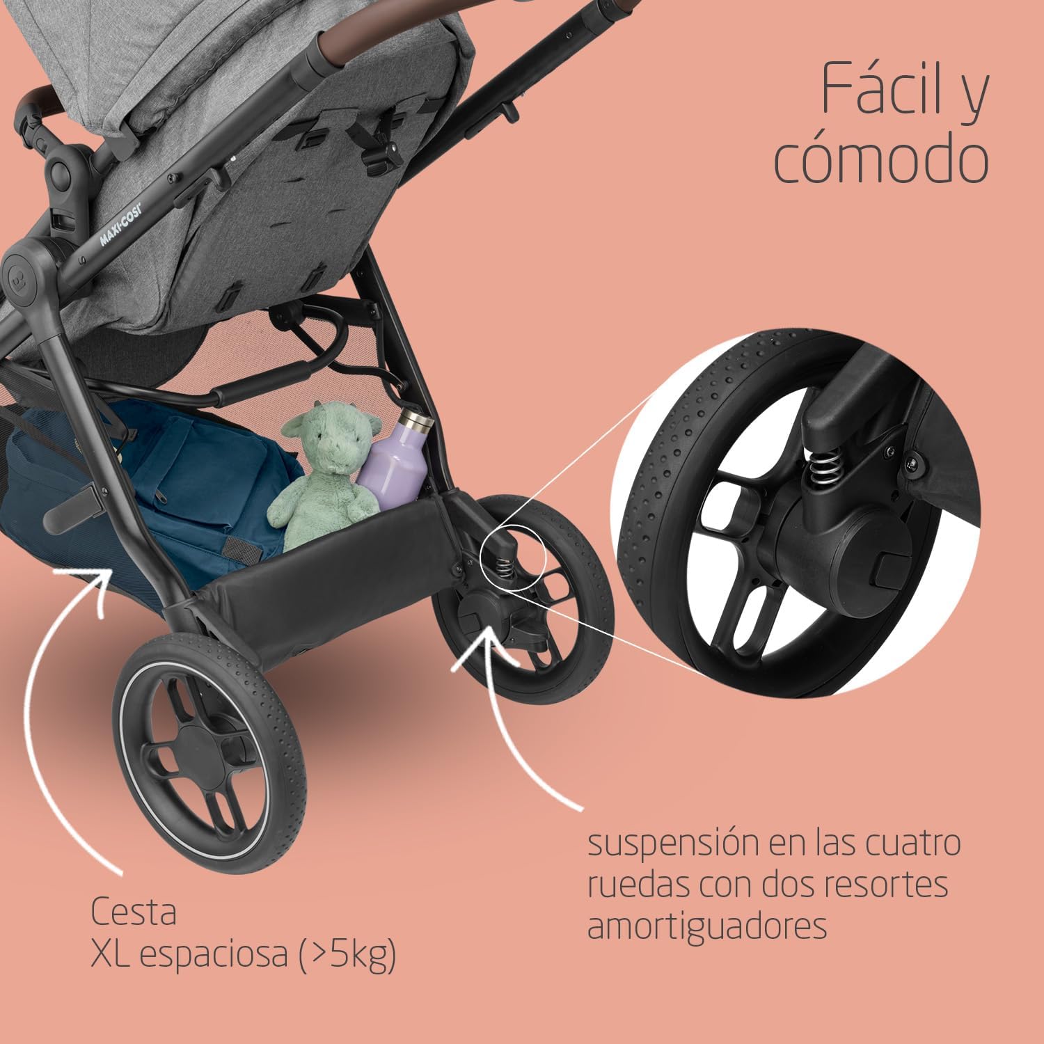 Maxi-Cosi Zelia S Trio carrinho de bebé 3 peças, 0 - 4 anos, até 22 kg, dobrável, compacto e reclinável, com abrioFix S i-Size cadeira carro bebé, acessórios, bolsa trocador, cinzento
