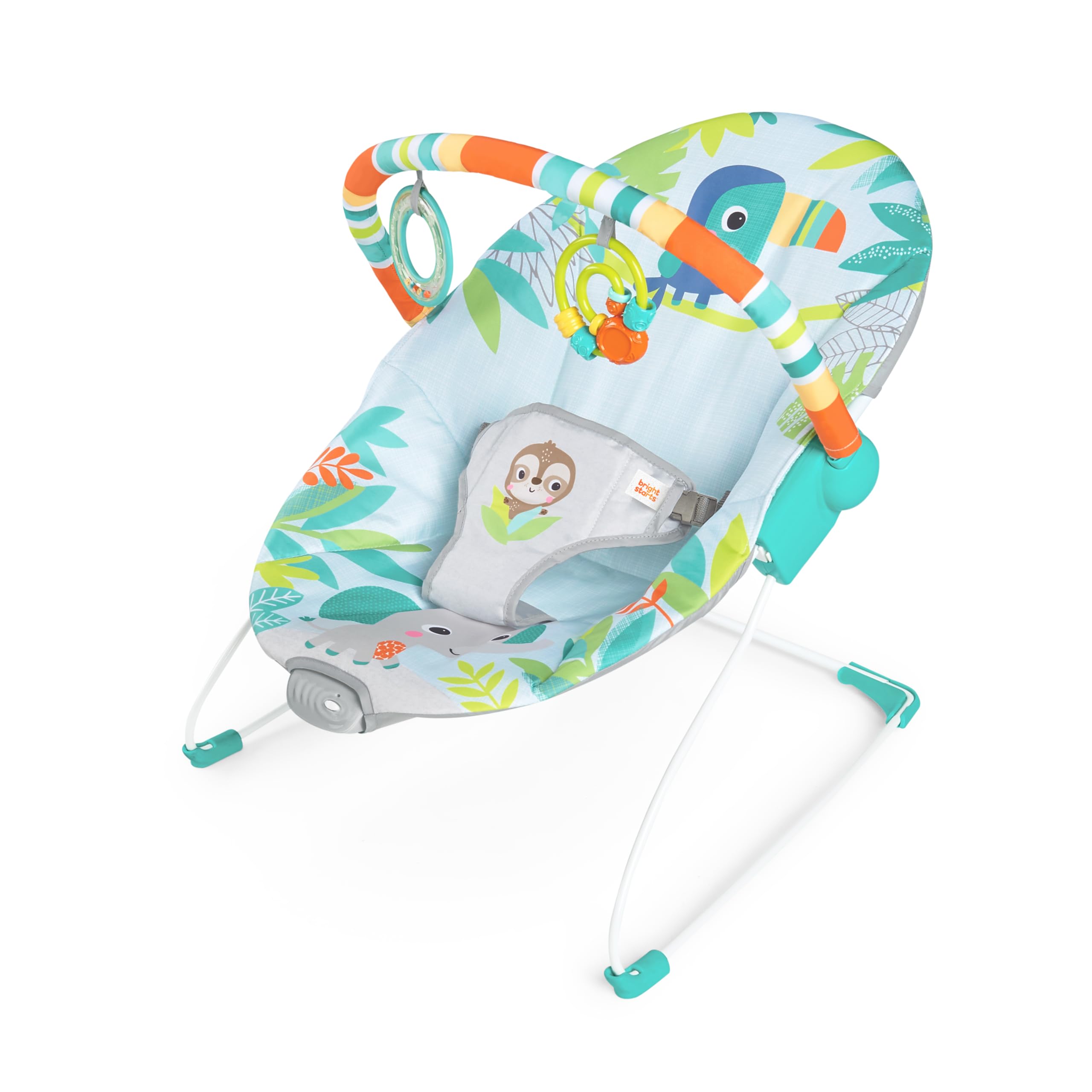 Bright Starts - Vibrador de assento infantil - barra de brinquedos removível, pés antiderrapantes, 0-6 meses a 9 kg (Safari Fun)
