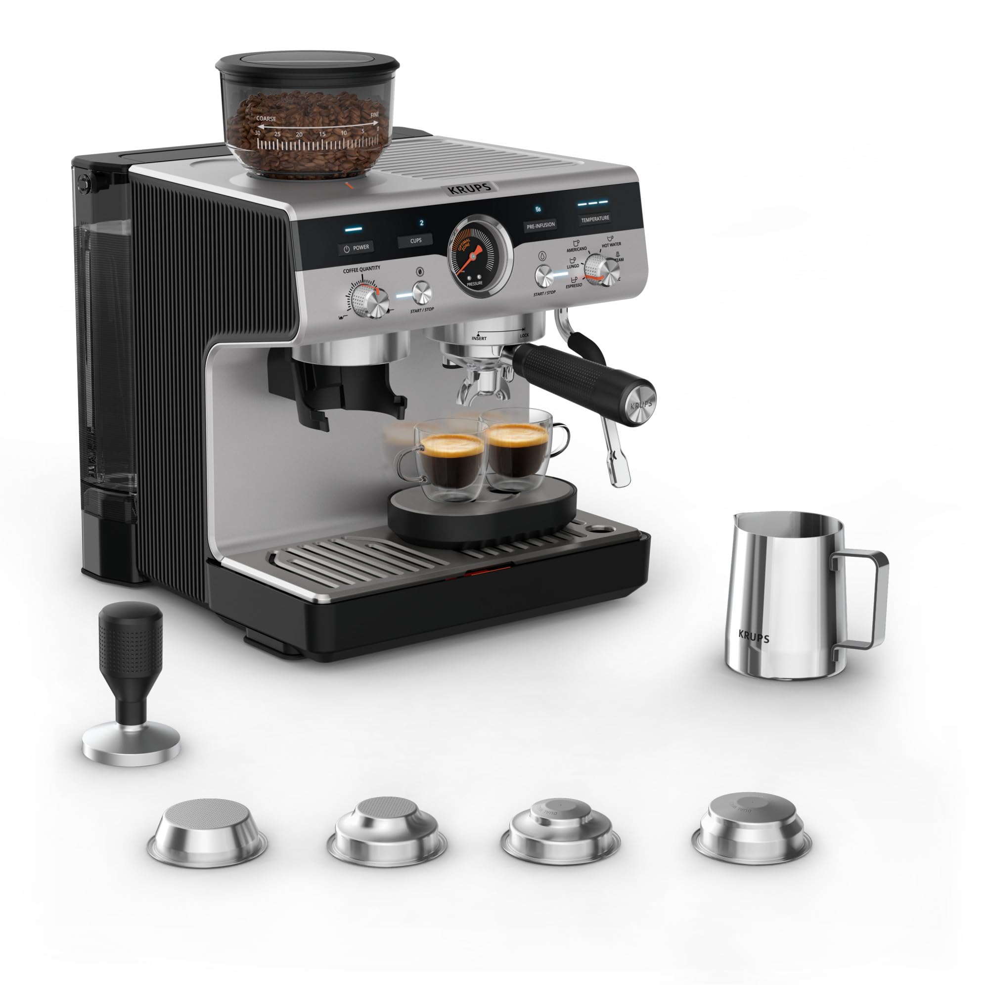 Krups Cafeteira expresso manual, autêntico, 15 barras de pressão, espumador de leite, ajuste manual, colher de medição e compactador, depósito de 2 l de capacidade, Inox, XP381B