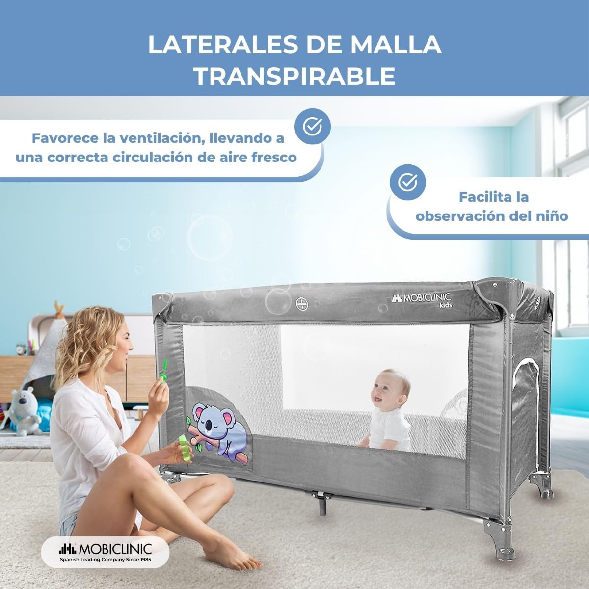 Mobiclinic®, Cuna de Viaje, Bolsa Transporte, 2 en 1, Plegado ultracompacto, Colchón extraíble, Mofli, hasta 15kg, Tela Transpirable, Entrada Lateral con Cremallera, Parque bebé, Ruedas (Gris)