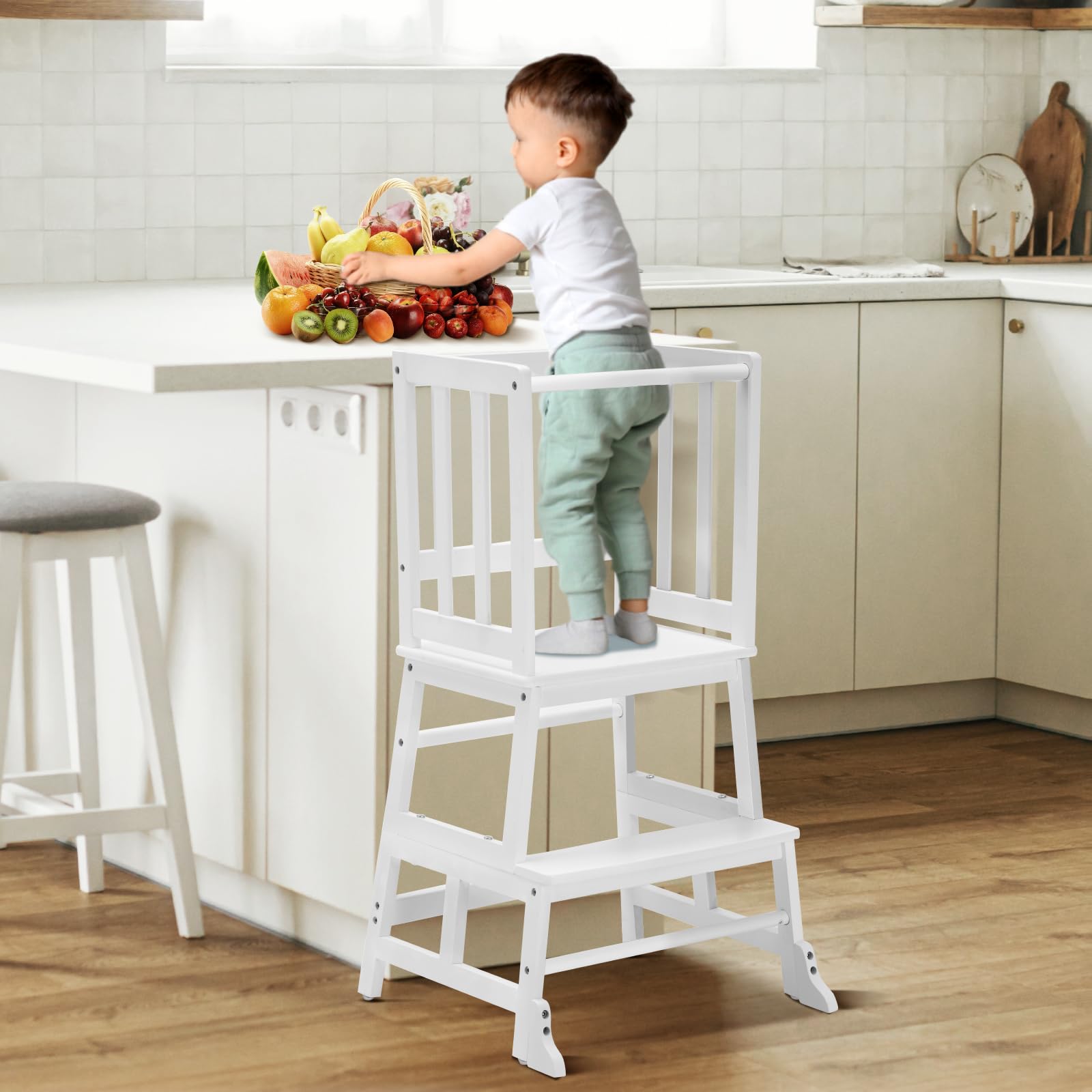 COSYLAND Torre de aprendizagem desde 18 meses - torre de aprendizagem para crianças - proteção anti-virar e barra de segurança - para casa de banho, quarto infantil e cozinha - cor bambu