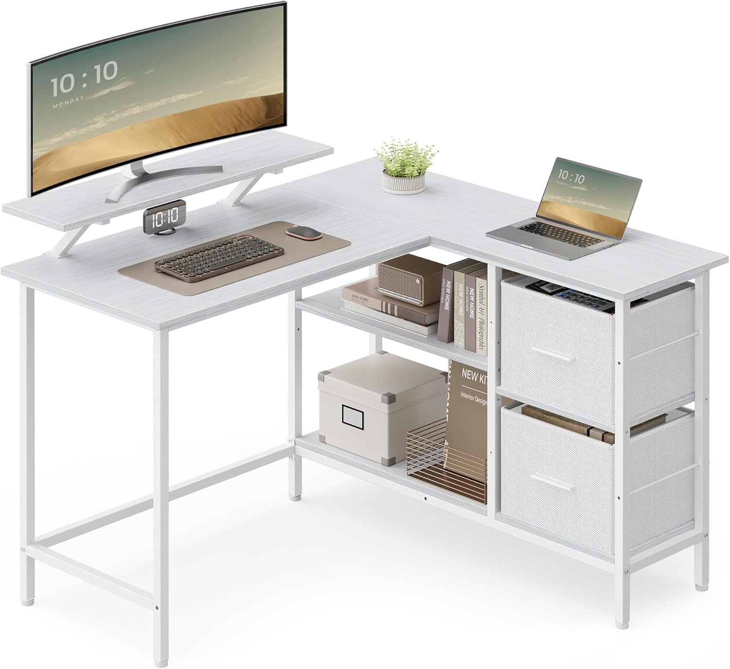 VASAGLE Escritorio en Forma de L, Esquinero, con 2 Amplios Cajones, Mesa con Soporte para Monitor, para Esquina, con Estante Ajustable, para Oficina Casa, Blanco Arce LWD097W01
