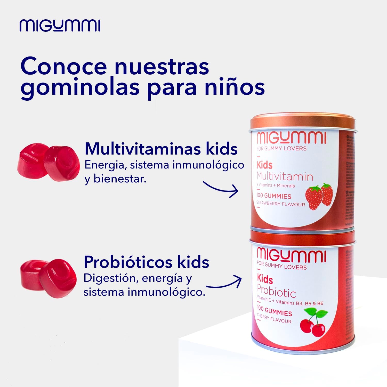 Gominolas probióticas para crianças, 100 Gummies, sabor natural cereja, probióticos, vitamina C, B3, B5 e B6, Flora intestinal, e inchaço, vitaminas para crianças, veganas, sem glúten