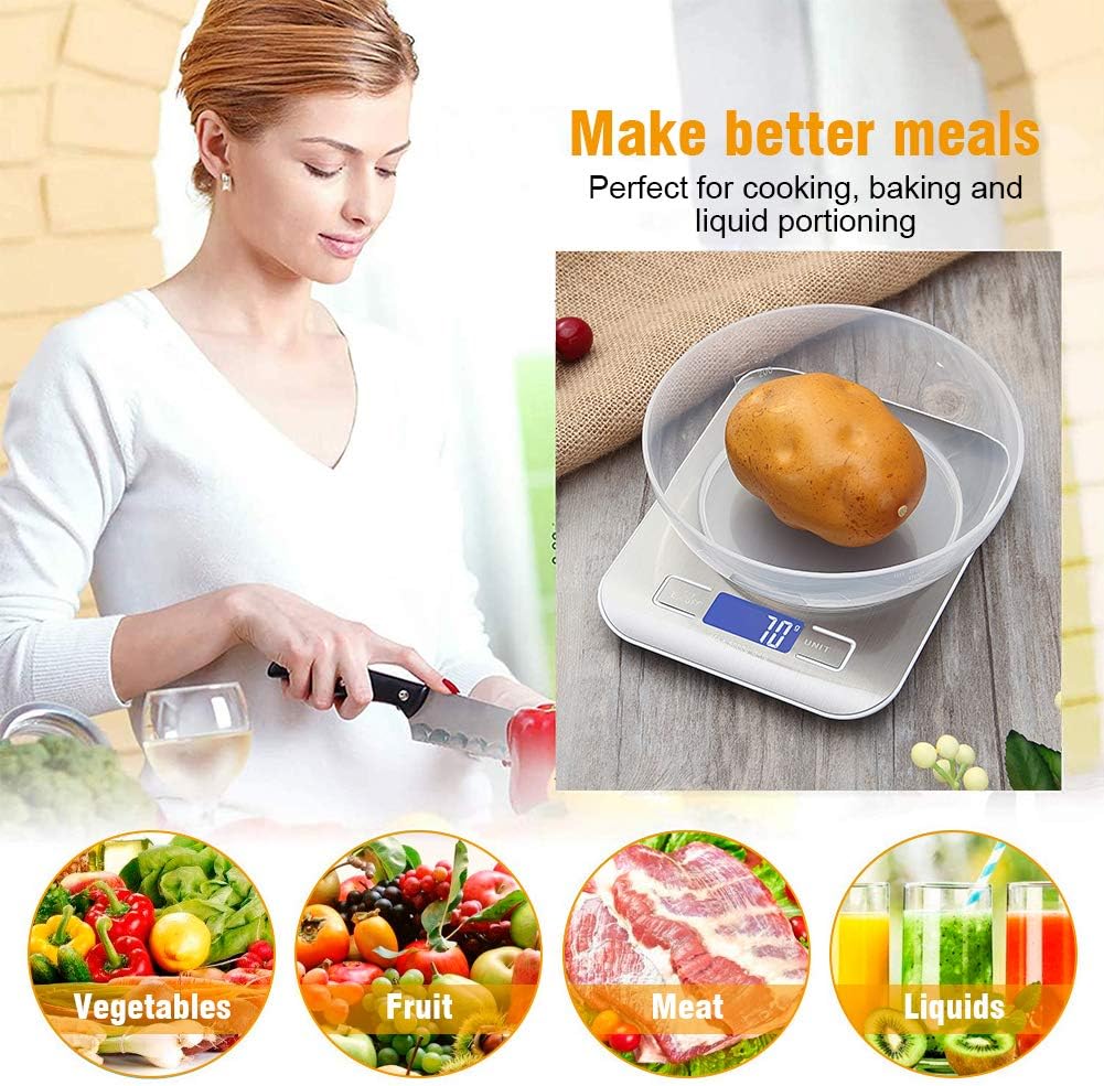 GRIFEMA - GA2002, Balança de cozinha com ecrã LCD, aço inoxidável, balança de alimentos multifuncional 5 kg/11 lbs, cinzento: Cor do ecrã: Azul [exclusivo na Amazon]