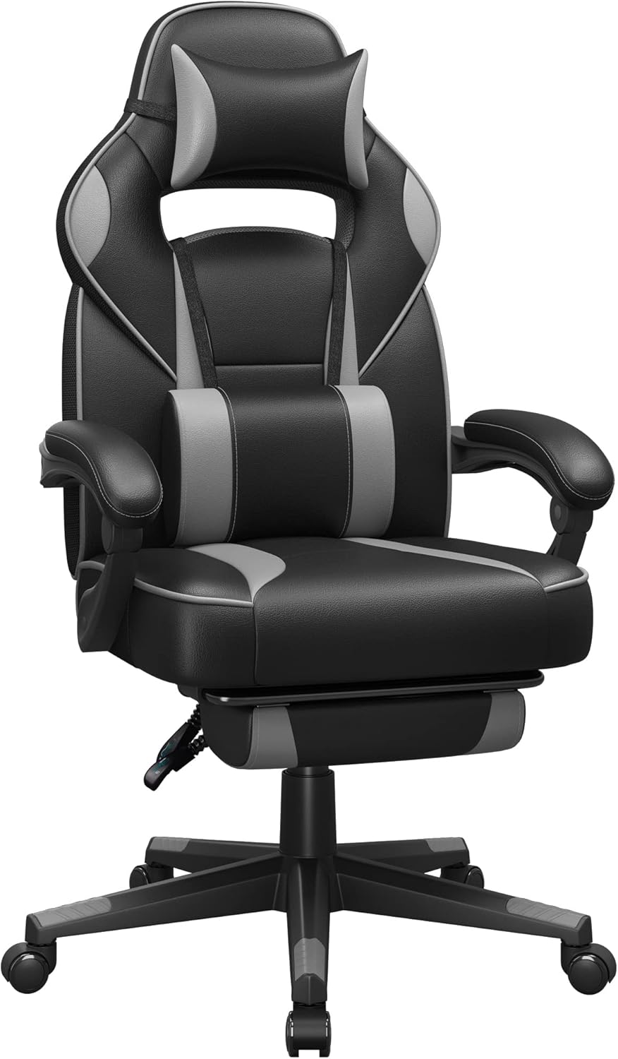 SONGMICS Cadeira de escritório, cadeira de jogos ergonómica, com apoio para os pés telescópico, encosto ajustável, apoio de cabeça e suporte lombar, carga de 150 kg, tinta preta e cinzento pombo