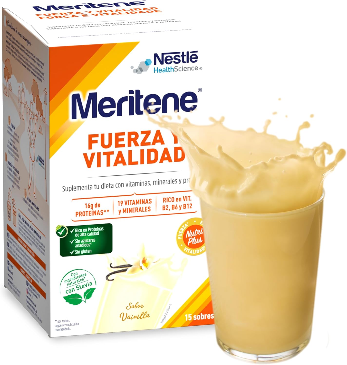 Meritene | Fuerza y Vitalidad | Batidos Sabor Vainilla | Fuerza para tus Músculos, Vitalidad para ti | Solución Nutricional para Adultos con Proteínas, Vitaminas y Minerales | 15 Sobres | 450 gr