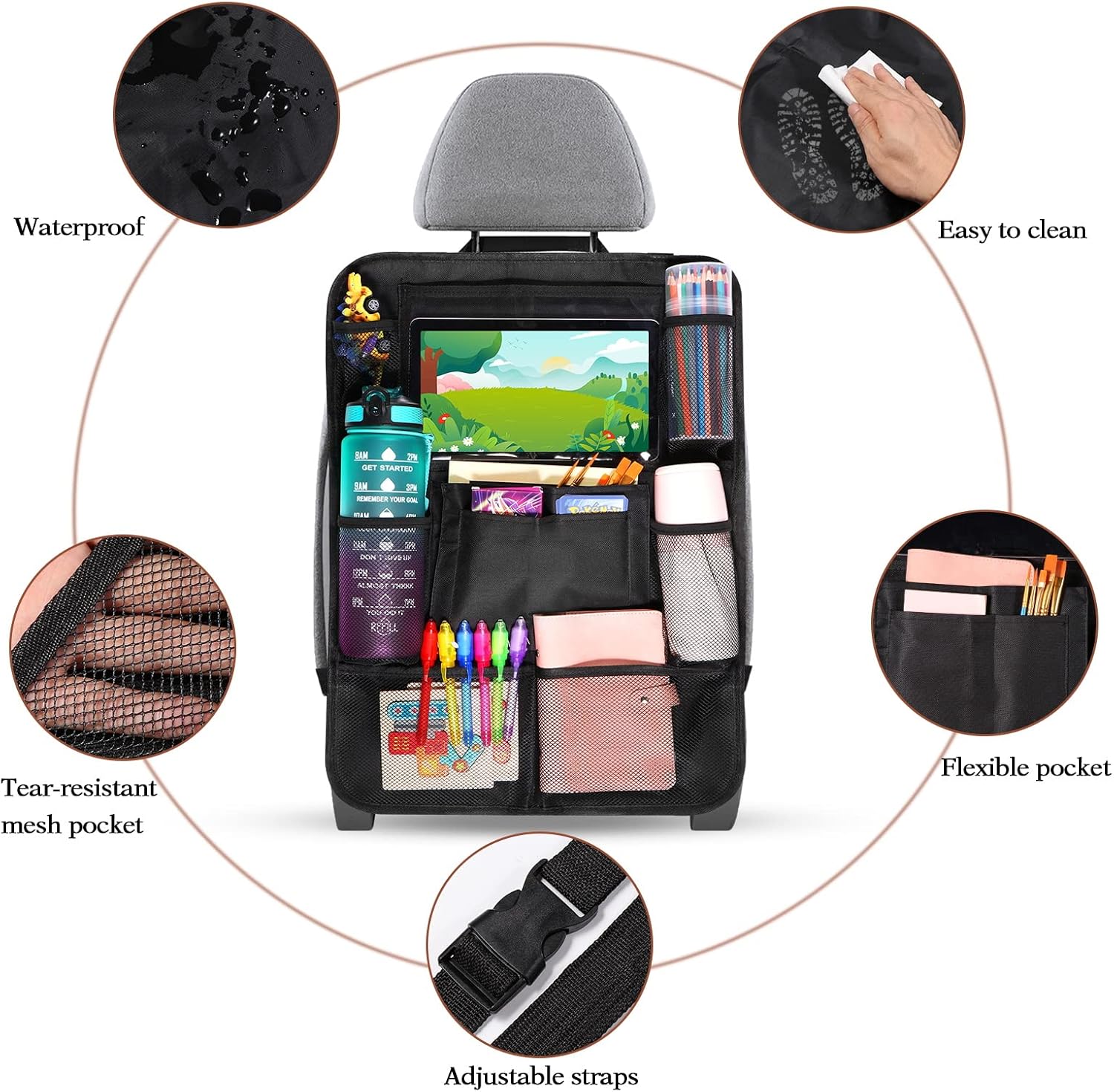Diboniur Organizador de assento de carro, protetores de assento para carro com 10 bolsos, organizador de assento traseiro para crianças para tablet iPad de 9,7" e 10,5" para brinquedos livros