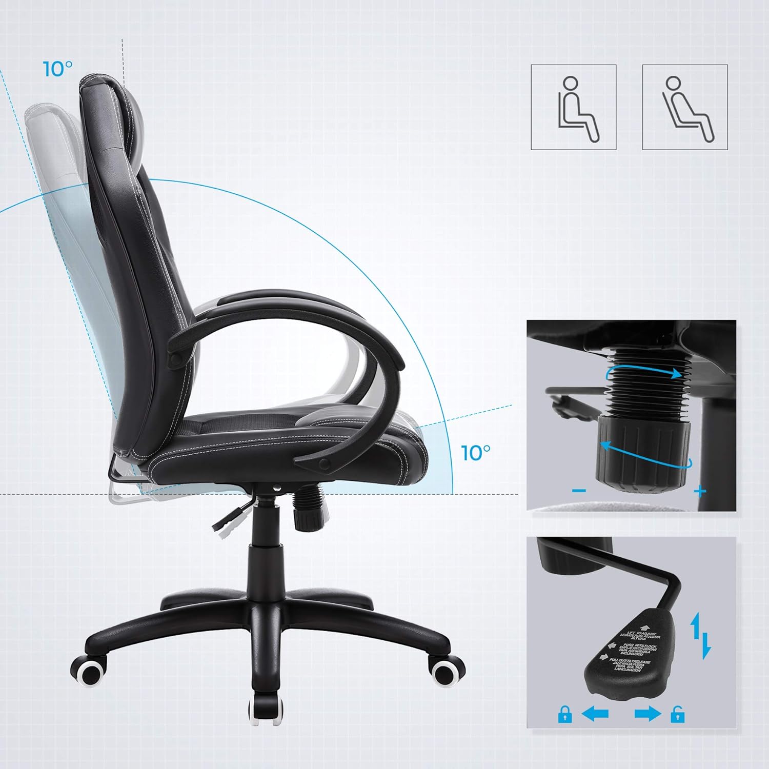 SONGMICS Racing, Cadeira de escritório com rodas, ergonómica, regulável