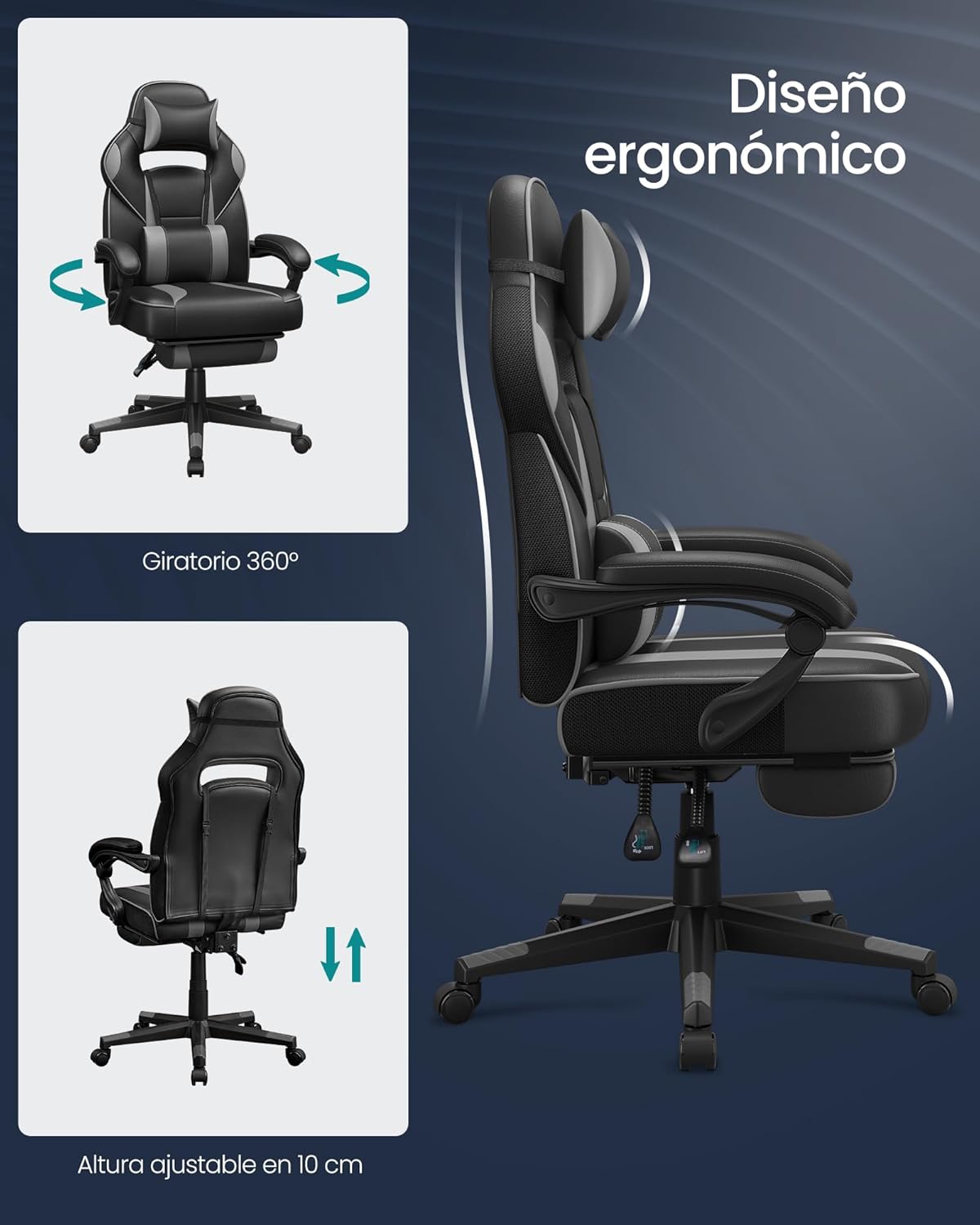 SONGMICS Cadeira de escritório, cadeira de jogos ergonómica, com apoio para os pés telescópico, encosto ajustável, apoio de cabeça e suporte lombar, carga de 150 kg, tinta preta e cinzento pombo
