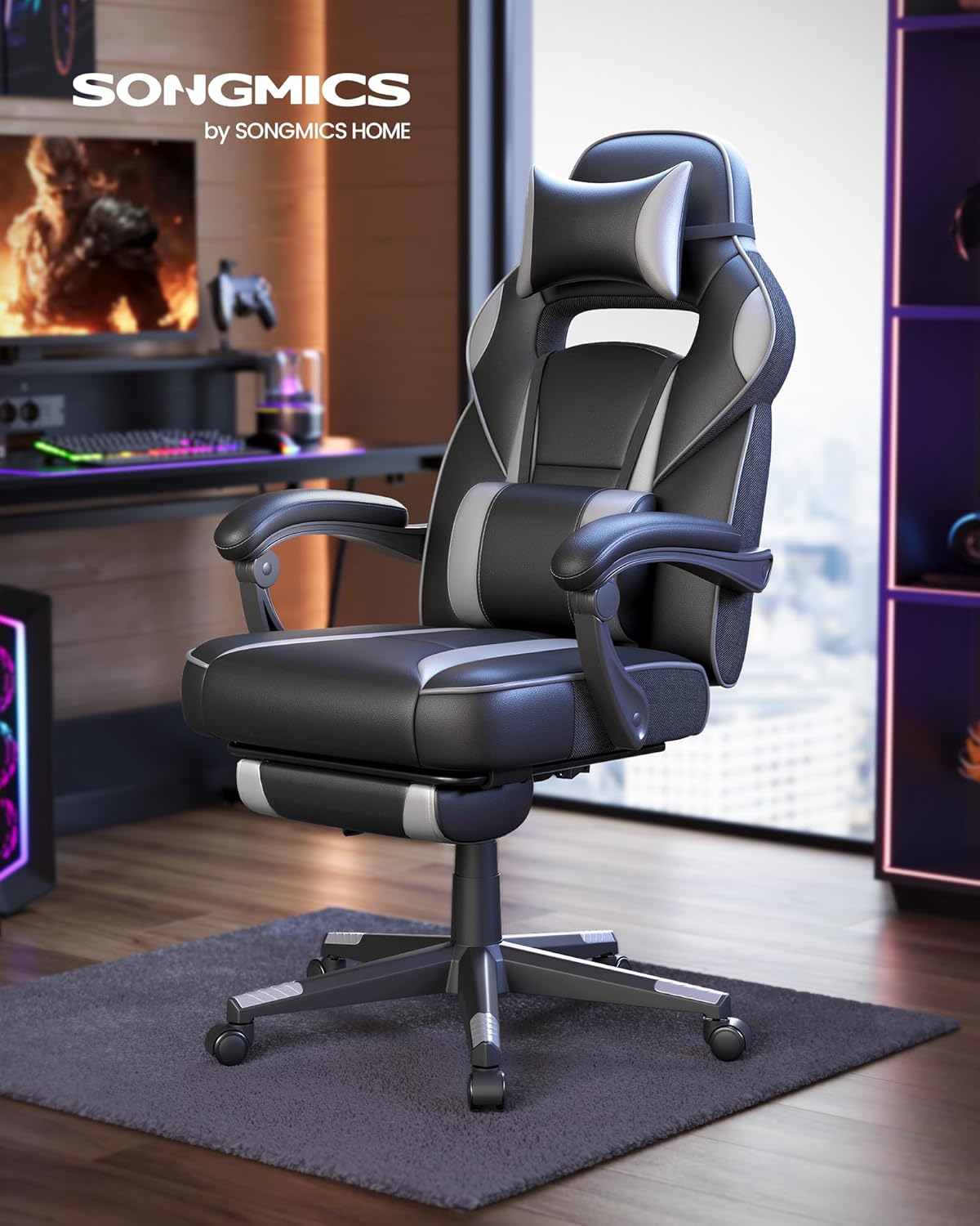 SONGMICS Cadeira de escritório, cadeira de jogos ergonómica, com apoio para os pés telescópico, encosto ajustável, apoio de cabeça e suporte lombar, carga de 150 kg, tinta preta e cinzento pombo