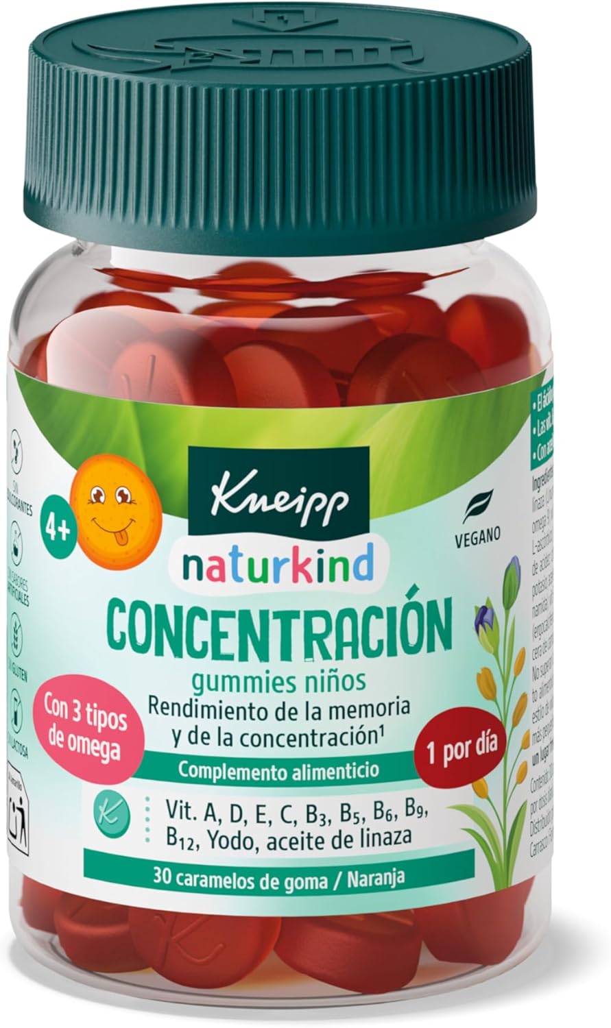 Kneipp Gummies Concentração para crianças, vitaminas A, D, E, C B3, B5, B6, B12, ácido fólico, íodo, óleo de linhaça: Omega 3, 6 e 9, desempenho intelectual, sistema nervoso, sabor laranja, 30 Gomin.