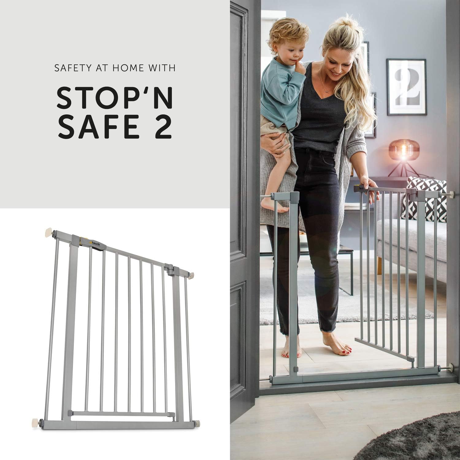 hauck Stop N Safe 2 Silver Barrera Seguridad Niños | Valla Infantil para Puertas y Escaleras de 84 a 89 cm – Sin Taladrar – Seguridad Bebé - Aptas como Vallas para Perros – Solo para Interiores
