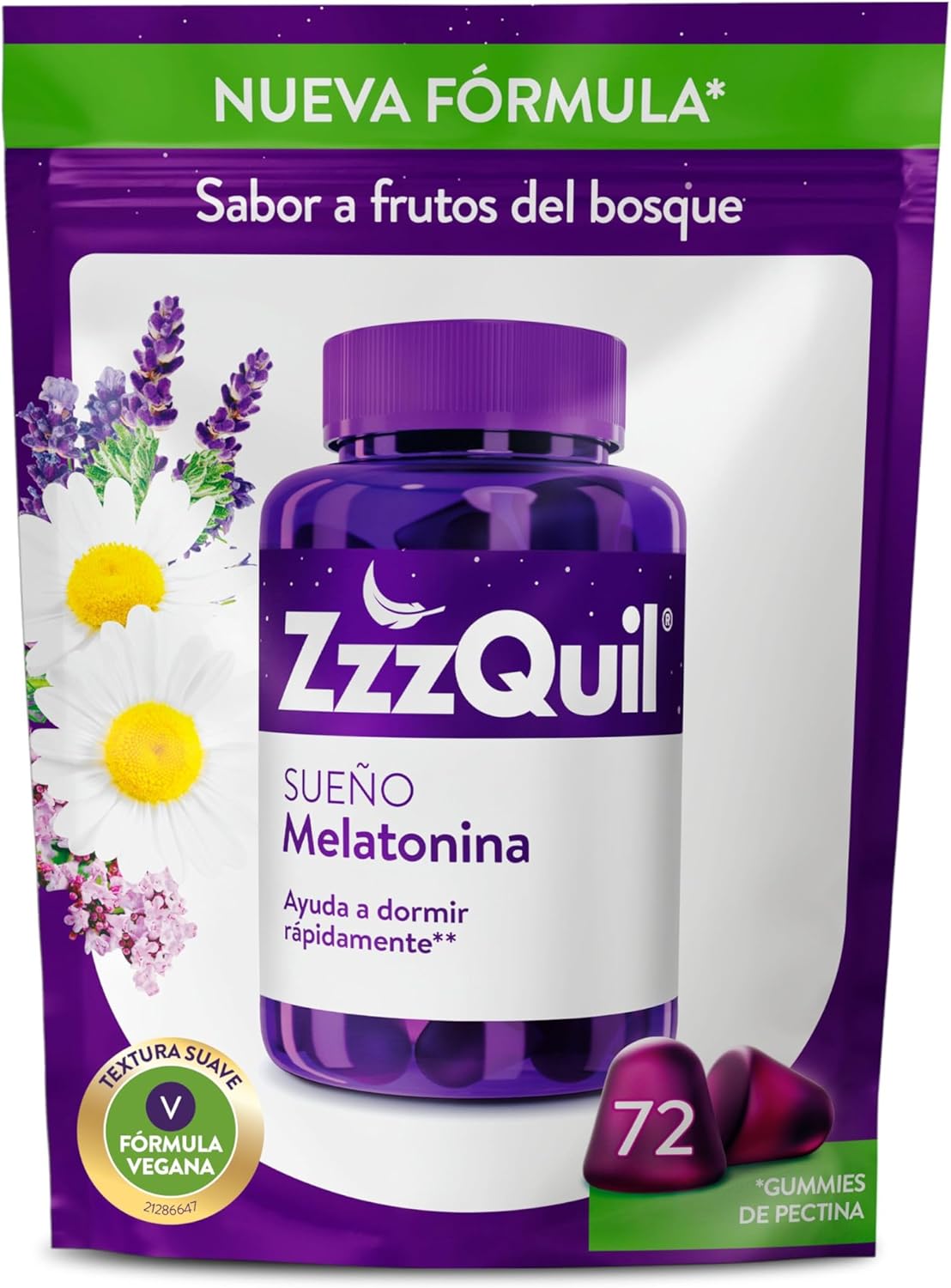 ZzzQuil Sonho, Gummies de melatonina para dormir, com valeriana, camomila, vitamina B6 e lavanda, ajuda a dormir rapidamente, sabor frutas da floresta, nova fórmula vegana, 72 Gummies