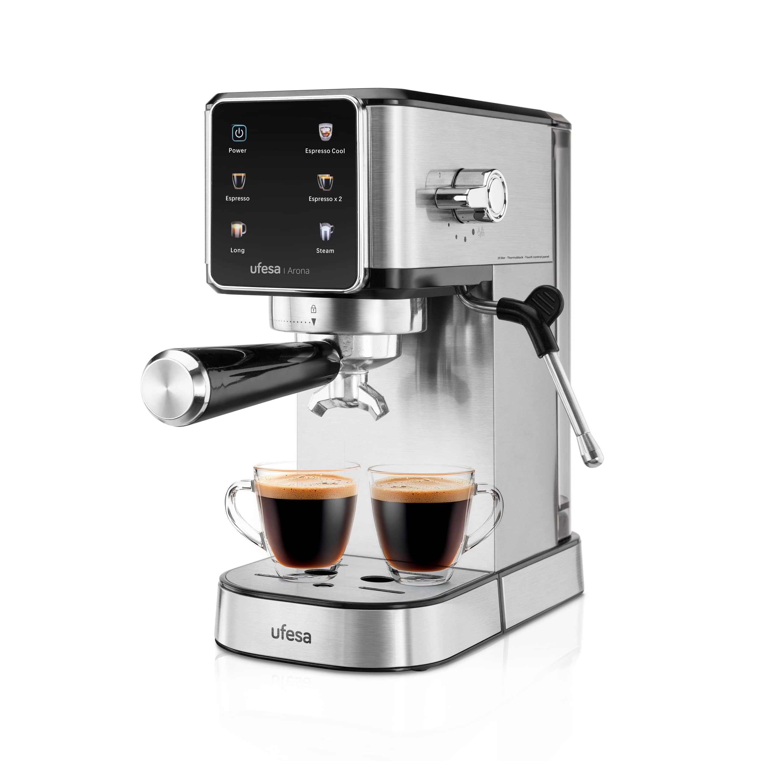 Ufesa Varese Cafetera Compacta Espresso y Capuccino, 1050W, Vaporizador Orientable, 20 Bares, 1 o 2 Cafés, Depósito 1.5L, Función Calienta Tazas