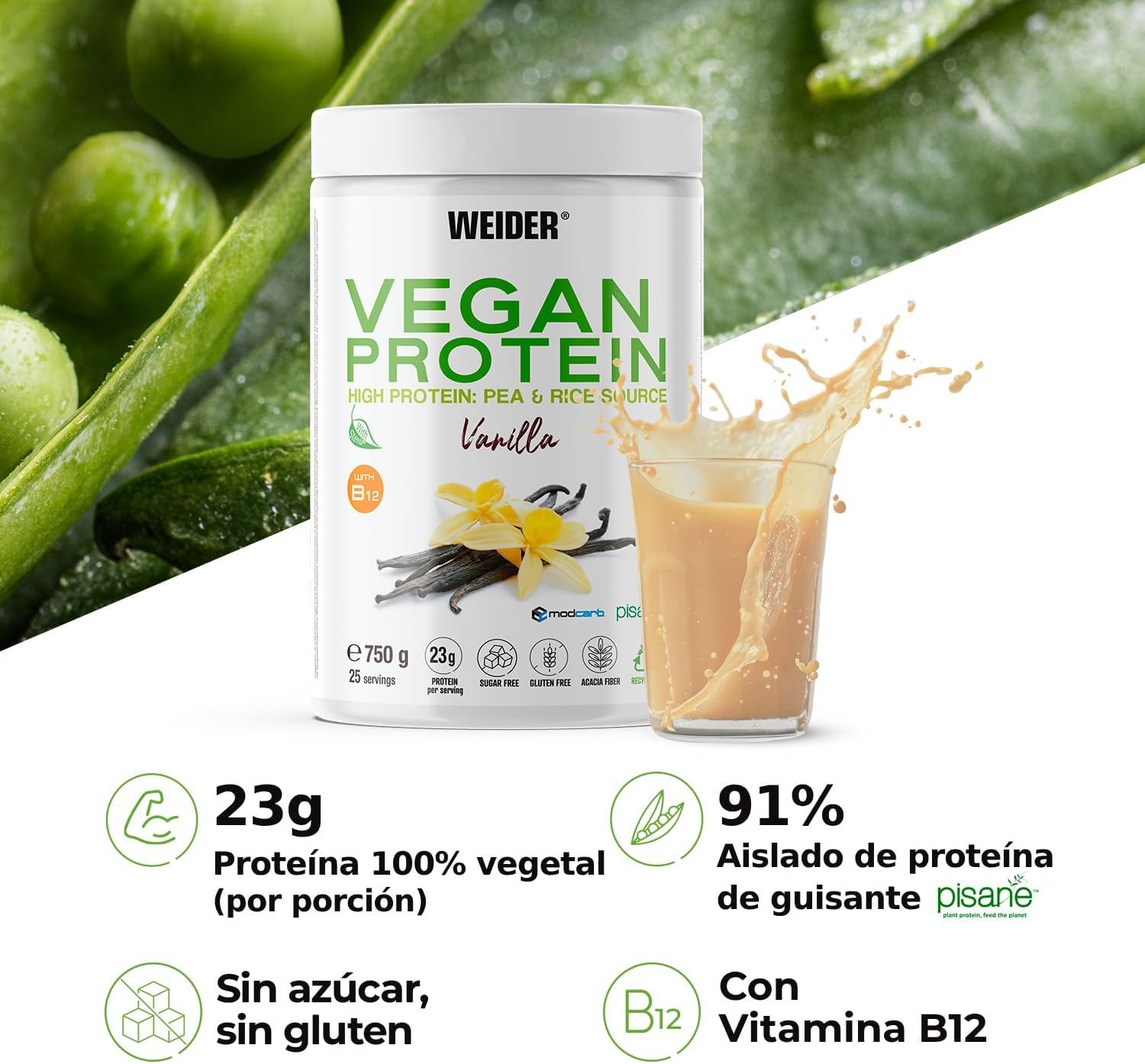 Weider Vegan Protein (750g) Sabor Vainilla. Proteína Vegana 23g/dosis Aislada Guisante (Pisane) y Arroz. Con Vitamina B12 y Stevia. Sin Gluten, Sin Azúcar. Bote 50% Reciclado, 100% Reciclable