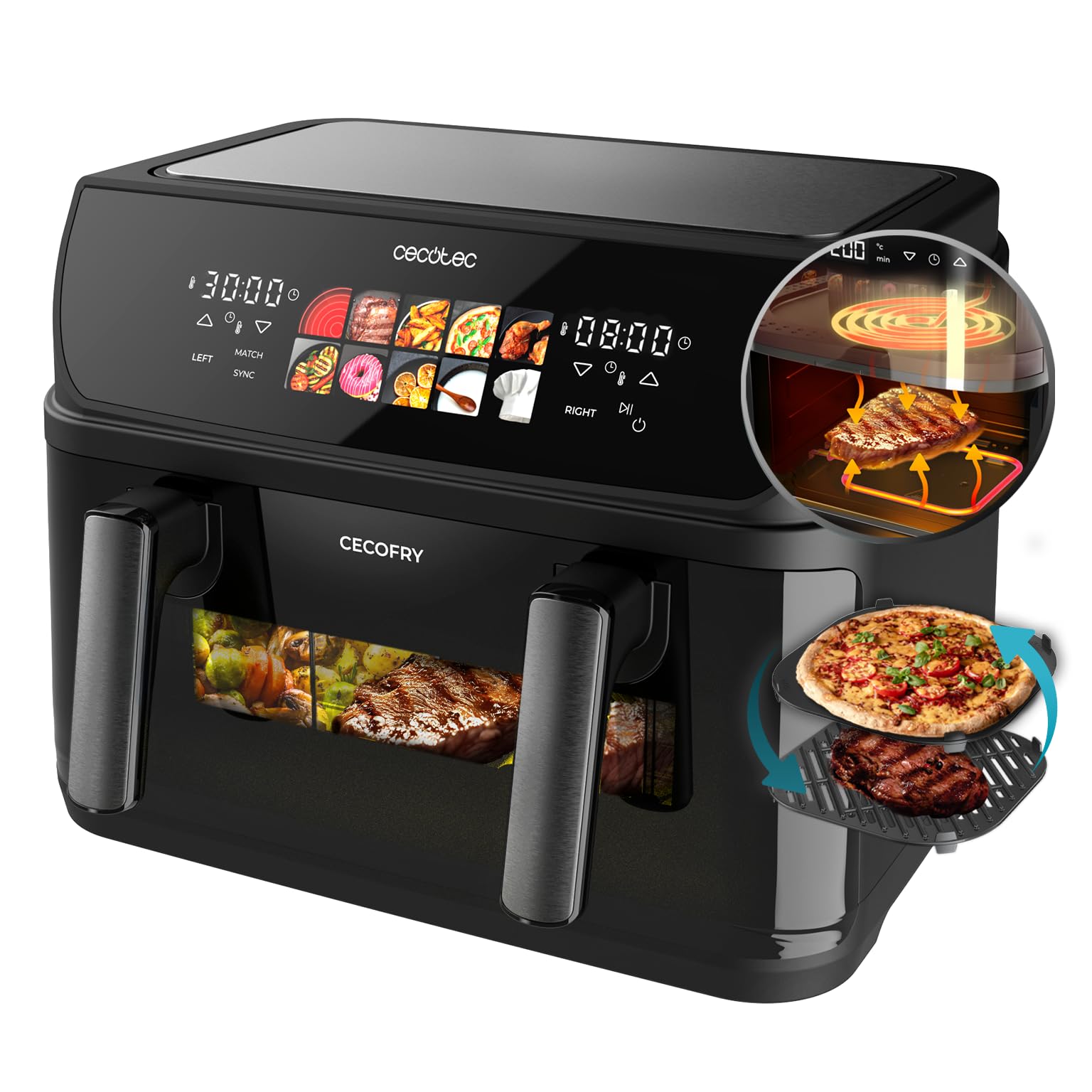 Cecotec Frigideira de ar 10 L, 4 resistências, Air Fryer, Cecofry&Grill Duoheat 10000. 2800 W, Dourado perfeito e sabor de grelha em carnes, parede divisória móvel, temperatura dupla, 10 menus