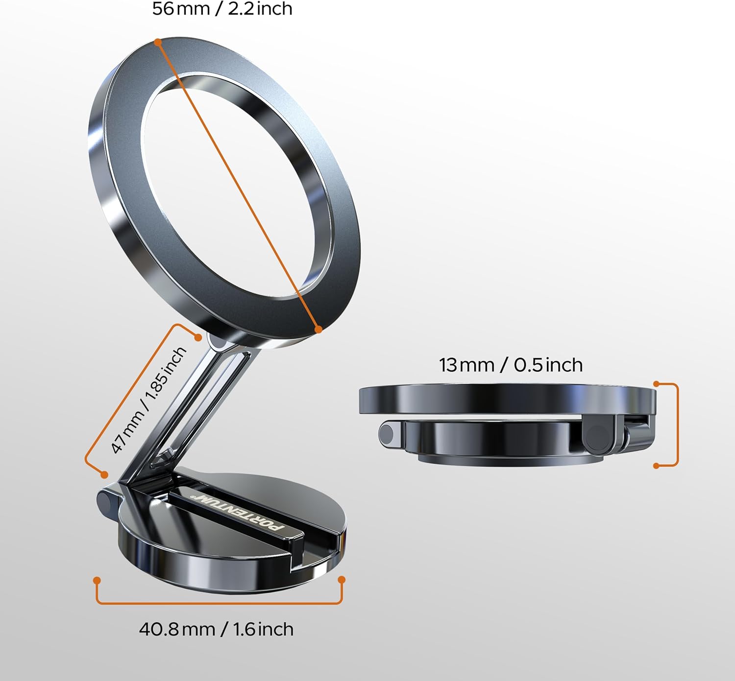 PORTENTUM Suporte móvel para carro Magsafe dobrável, com poderoso íman (20 x N52) e rotação de 360 ° – para espigão escritório ou outras superfícies - cinza escuro