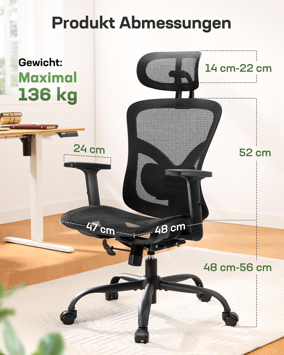 Marsail Cadeira de escritório ergonómica com suporte lombar ajustável, apoios de cabeça e apoios de braços, altura regulável e função basculante