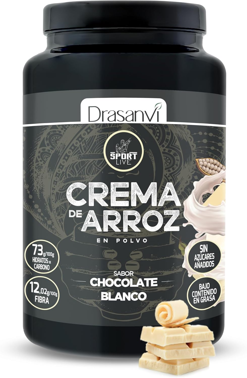 DRASANVI Creme de arroz | Creme de arroz fitness | Energia rápida e sustentada, Hidratos de carbono, fibra e proteínas de qualidade, sem gorduras nem açúcares adicionais, sabor chocolate branco - 1 kg