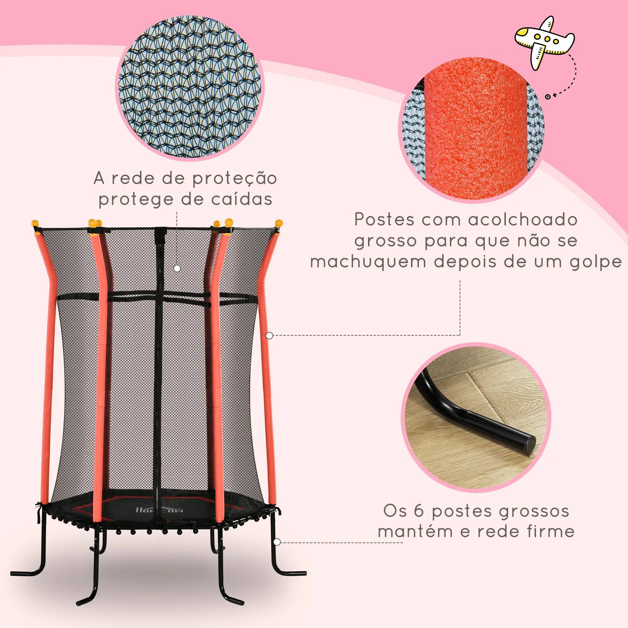 Trampolim para Crianças com Rede de Segurança e Estrutura de Aço para Interiores e Exteriores Carga 50kg Ø163,5x190 cm Vermelho