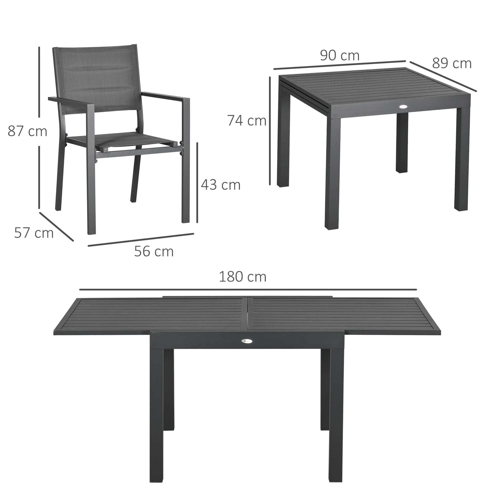 Conjunto de Jardim Refeição de 7 Peças com Mesa Extensível e 6 Cadeiras Empilháveis 90-180x89x74cm Cinza