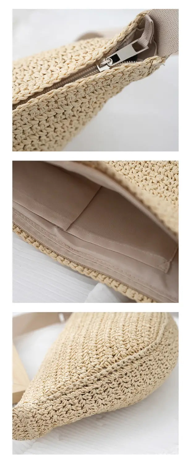 Bolsa desportiva a tiracolo feita à mão tipo bolinho respirável semicircular versátil bolsa de vime praia verão