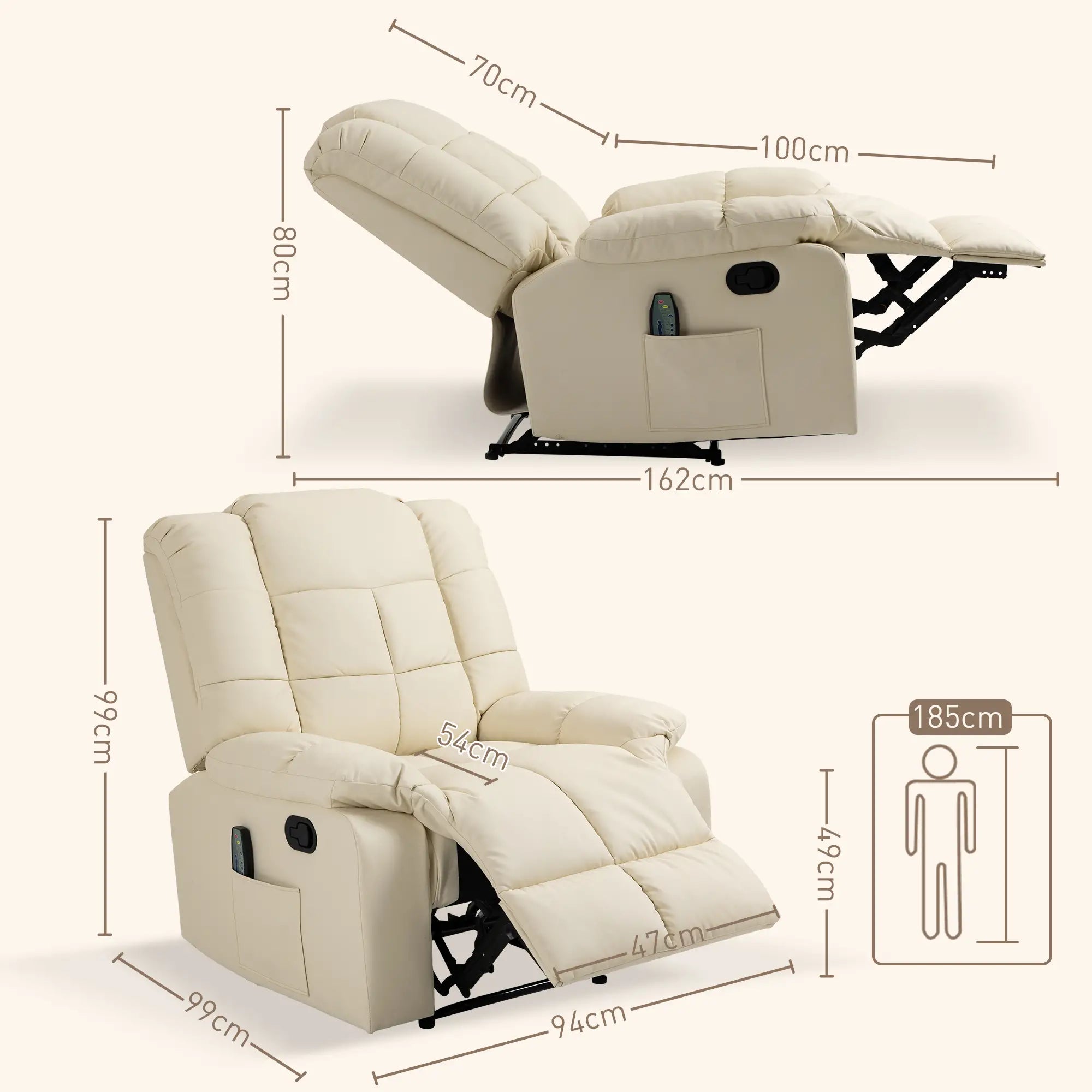Poltrona de Massagem Poltrona Relax Reclinável com 8 Pontos de Massagem Controlo Remoto Estofada em PU 94x99x99 cm Creme