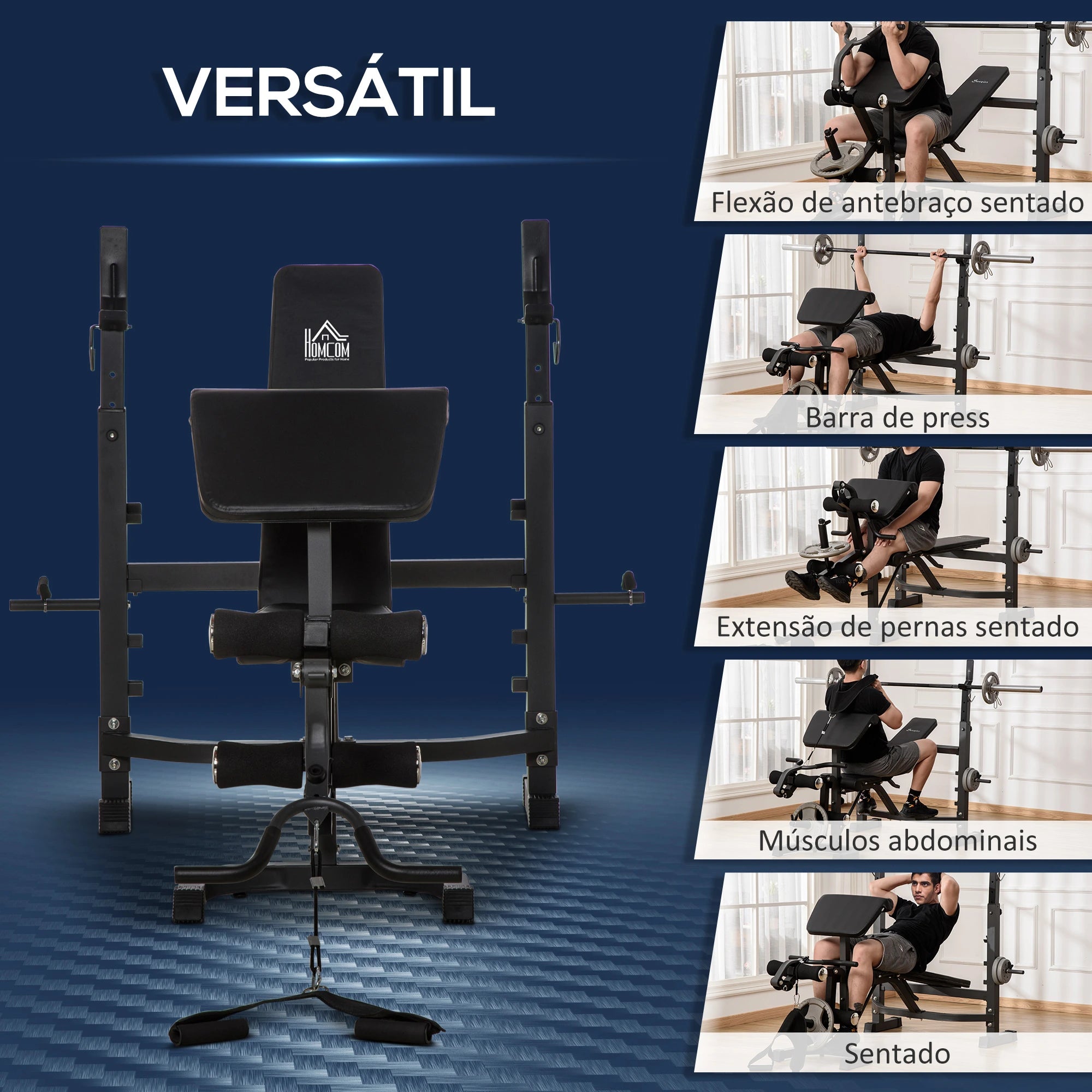 Banco de Musculação Multifuncional com Encosto e Suporte Ajustável