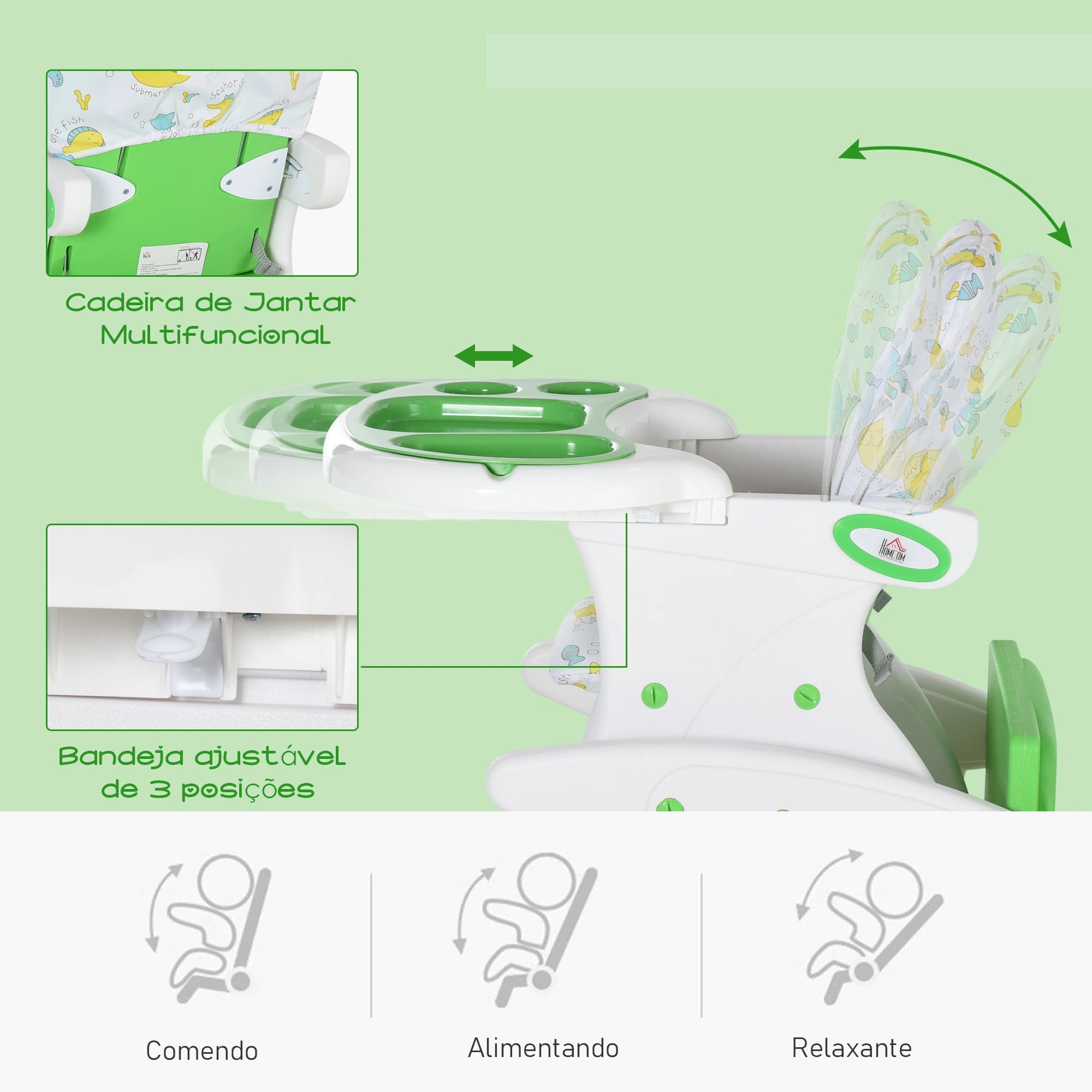 Cadeira para bebês 3 em 1 ajustável verde com mesa integrada