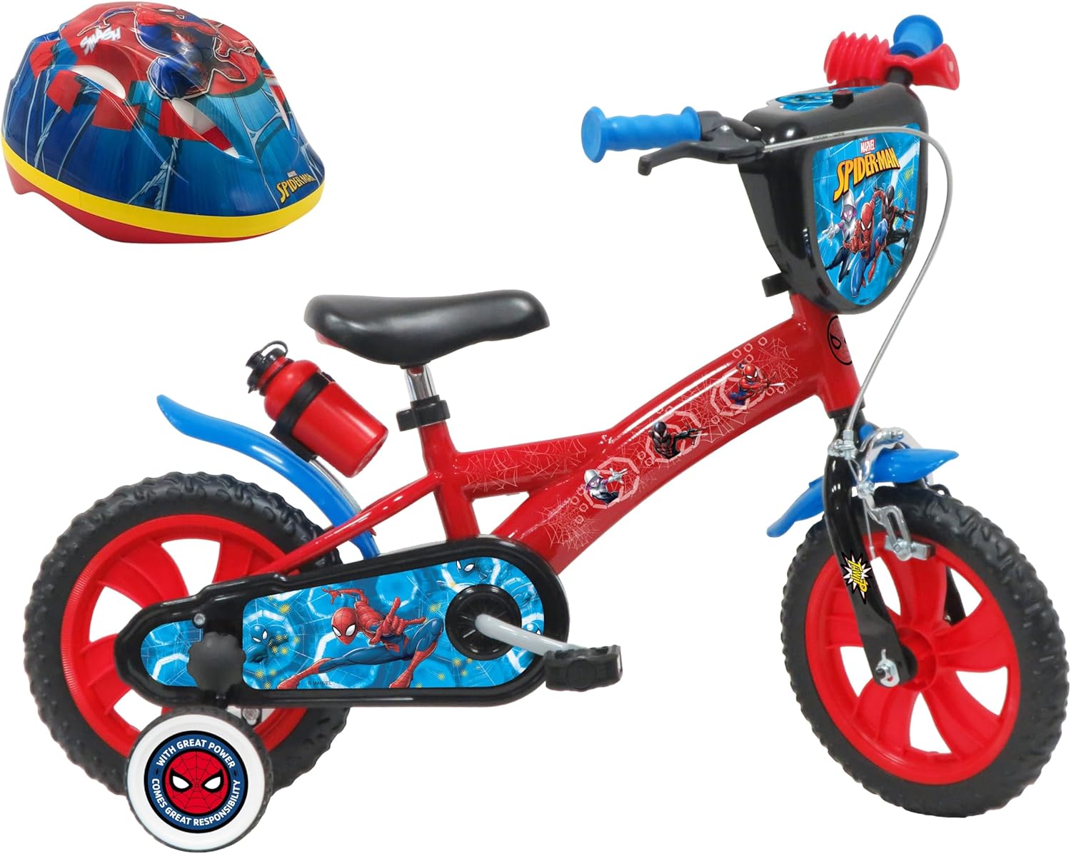 A.T.L.A.S. Bicicleta de 12 polegadas equipada com 1 travão, placa frontal decorativa, guarda-lamas, cárter, estabilizadores e capacete Spiderman incluído na frente, crianças, vermelho idêntico às