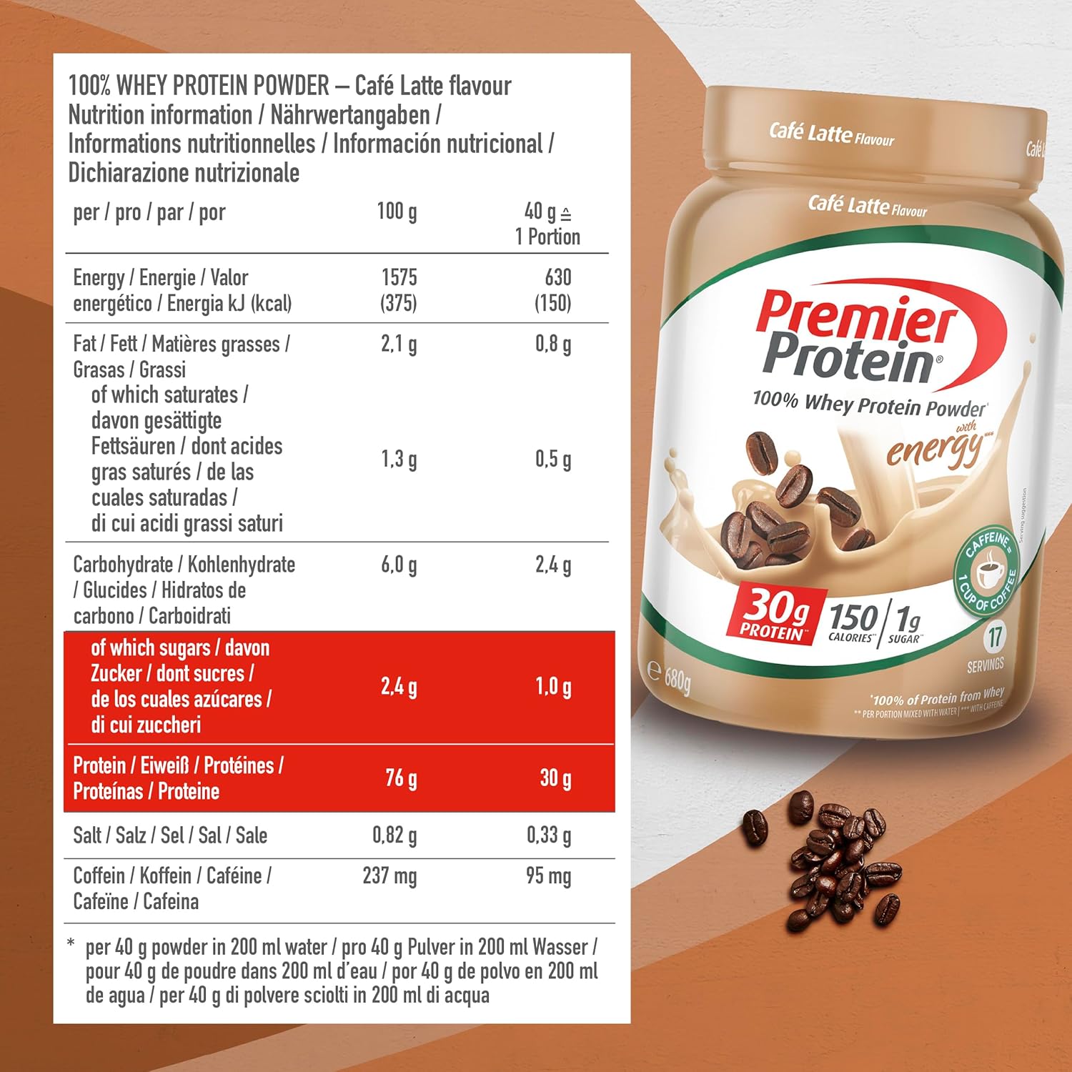 Premier Protein - Whey 100 % Protein Powder - Café Latte - 680 g