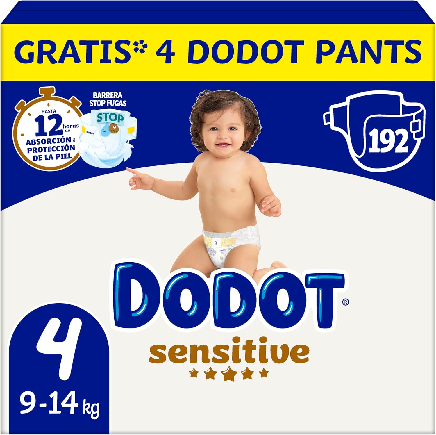 Dodot Pañales Bebé Sensitive, Talla 4 (9-14 kg), 192 Pañales + 4 Pants de Regalo, Hasta 12 h De Protección Antifugas y Cuidado de la Piel, Pack Mensual
