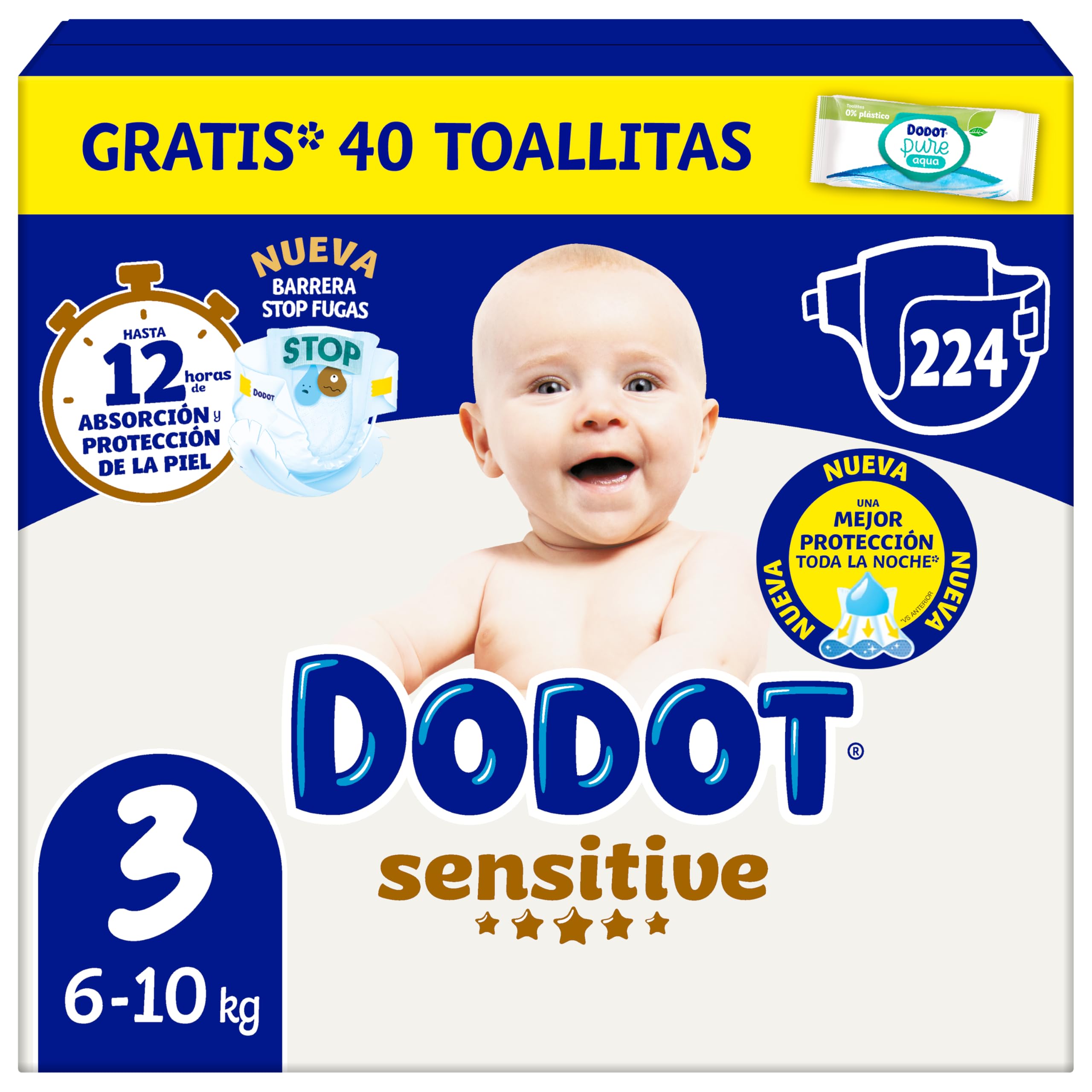 Dodot Pañales Bebé Sensitive, Talla 4 (9-14 kg), 192 Pañales + 4 Pants de Regalo, Hasta 12 h De Protección Antifugas y Cuidado de la Piel, Pack Mensual